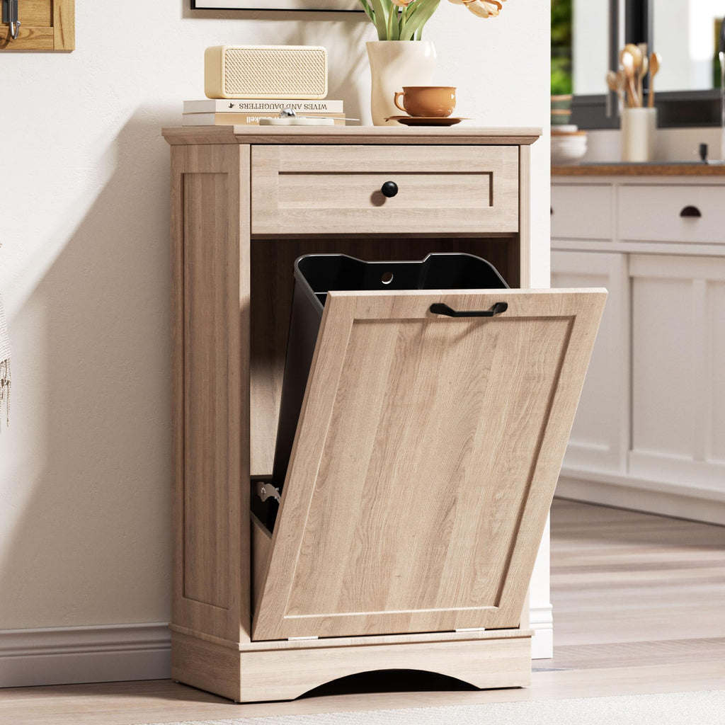 AHB Double Tilt Out Trash Can Cabinet Freestanding Kitchen Trash Can, 2x13 Gallons Hidden Garbage Recycling Cabinet with Hideaway Drawers Pet Proof Trash Can Holder for Kitchen, Antique White