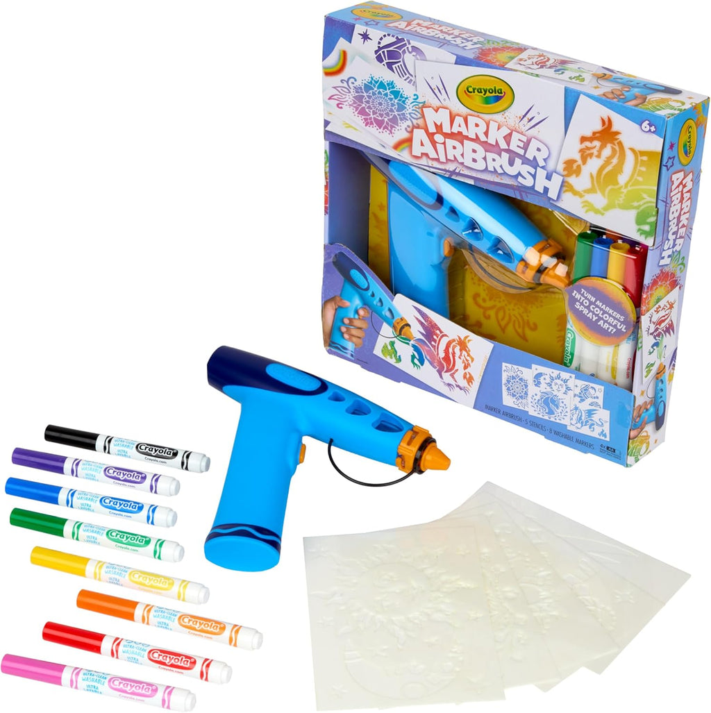 Crayola Marker Airbrush Spray Art Kit, Battery-Powered Sprayer with 8 Washable Markers & 5 Stencils, DIY Craft Set, Ages 6+