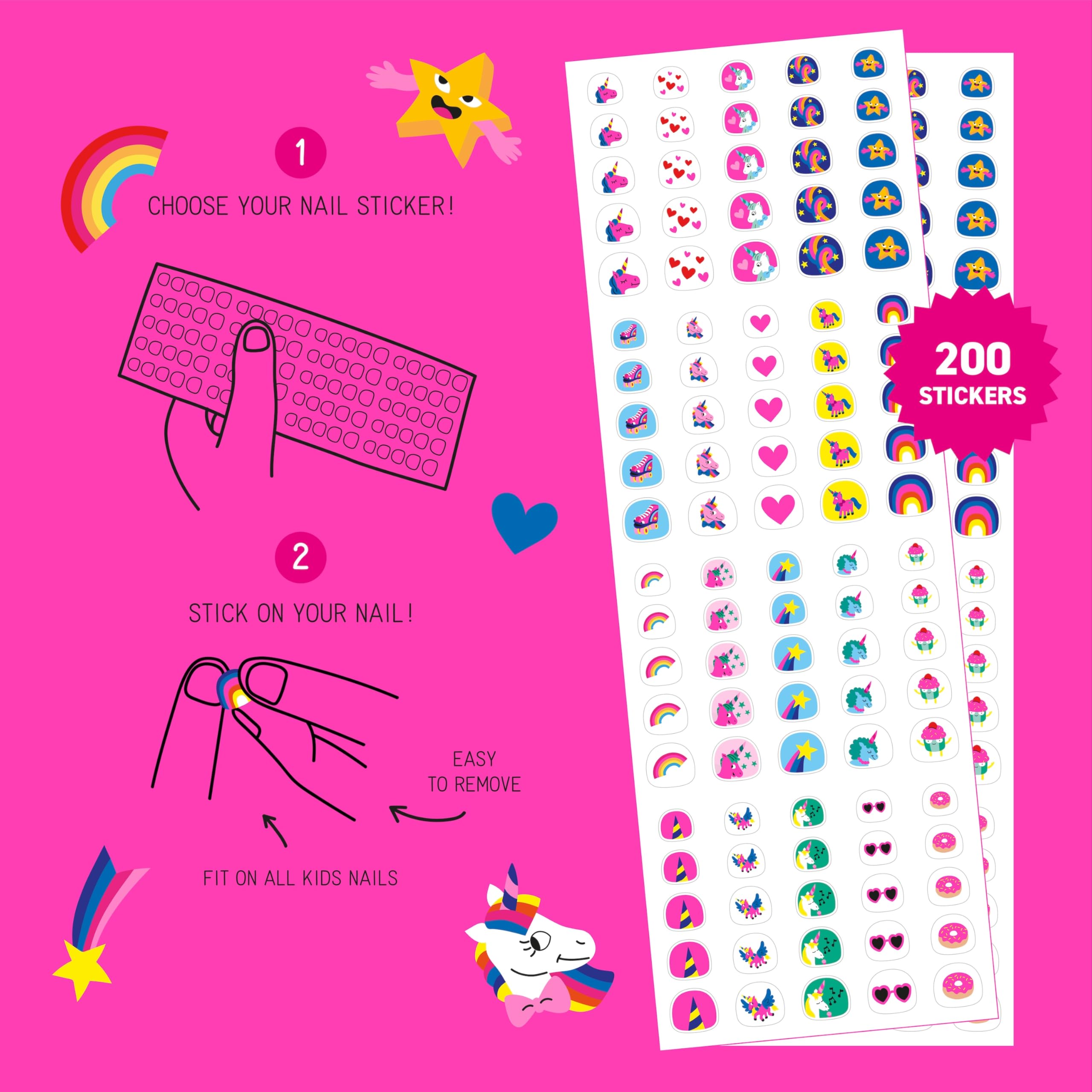 Omy Friends & Animals Nail Stickers for Kids - 200 Stickers, Waterproof, Durable, Fun, Creative Designs | Strong Enough to Last Through Hand Washing - Easy to Apply, Safe, Non-Toxic | Age 3 and Up