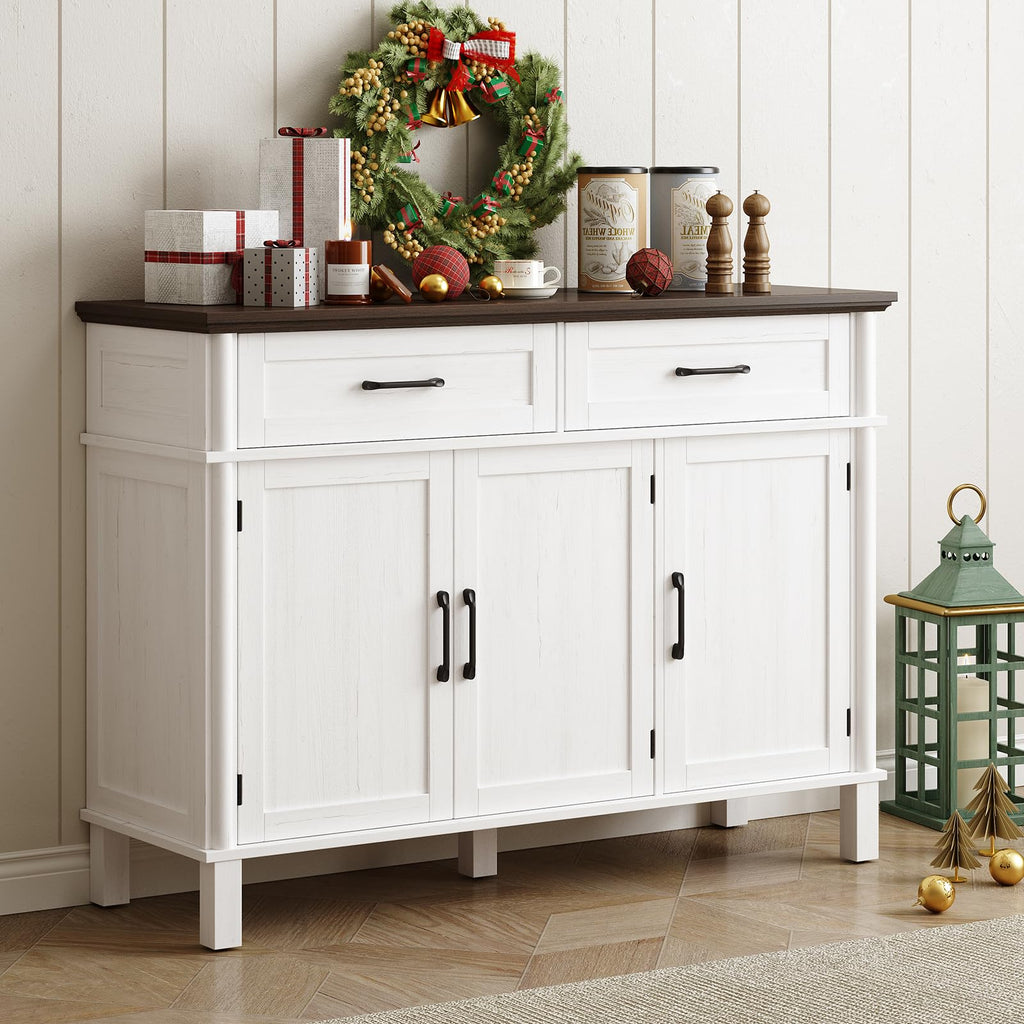 ONBRILL 48 Inches Buffet Cabinet with Storage, Farmhouse Sideboard Buffet w/2 Drawers and 3 Doors, Wood Coffee Bar Cabinet with Adjustable Shelves, Sideboard Storage for Kitchen, Living Room, Black