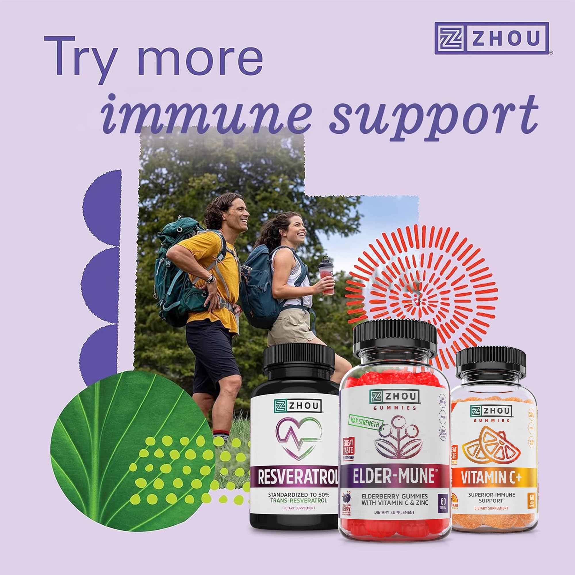 Zhou Elder-Mune Elderberry Gummies with Vitamin C and Zinc - Daily Immune Support Supplement for Women & Men, Chewable Natural Black Elderberry for Adults & Children 4 & Up - 60 Gummies