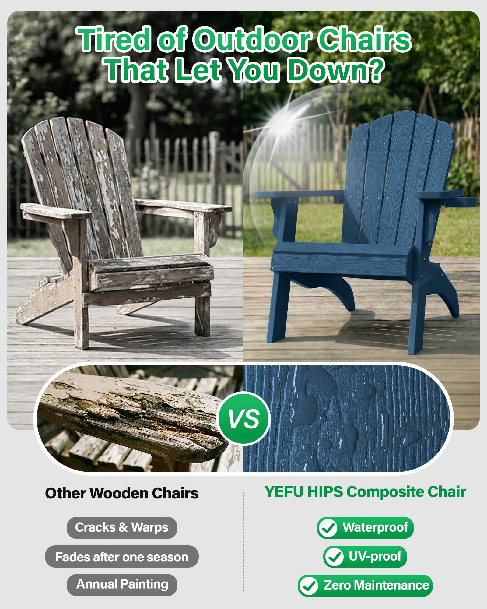 YEFU Oversized Plastic Adirondack Chair Set of 2 with Cup-Holder (Large Dual-Purpose), Weather Resistant, Poly Lumber Outdoor Chairs Duty Rating Widely Used in Patio, Lawn, Outside, Deck Chairs-Black