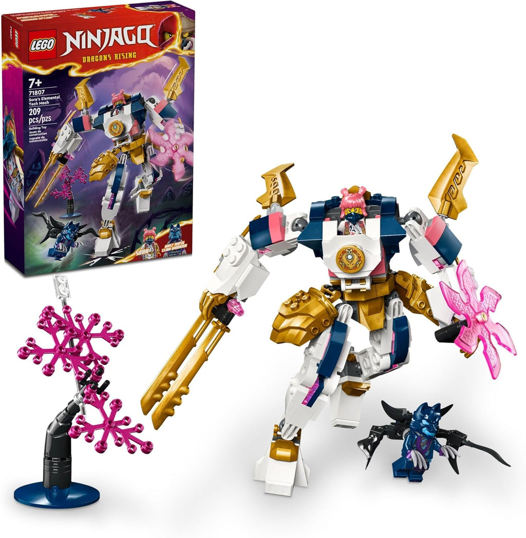 LEGO NINJAGO Sora’s Elemental Tech Mech Mini Ninja Toy, Customizable Figure, Adventure Toy Set for Kids with Sora Minifigure, Ninja Action Figure Gift for Boys and Girls Ages 7 and Up, 71807 | 71807, Customizable Figure, Sora Minifigure Included, Adventur