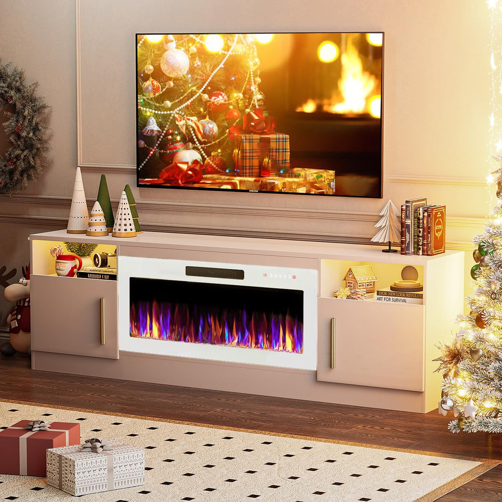 VITESSE 58 Inches Fireplace TV Stand for TVs up to 65 Inches Console with 18'' Electric Fireplace & Remote,Wooden Modern Entertainment Center for Living Room with LED Light Glass Shelves（Bei）