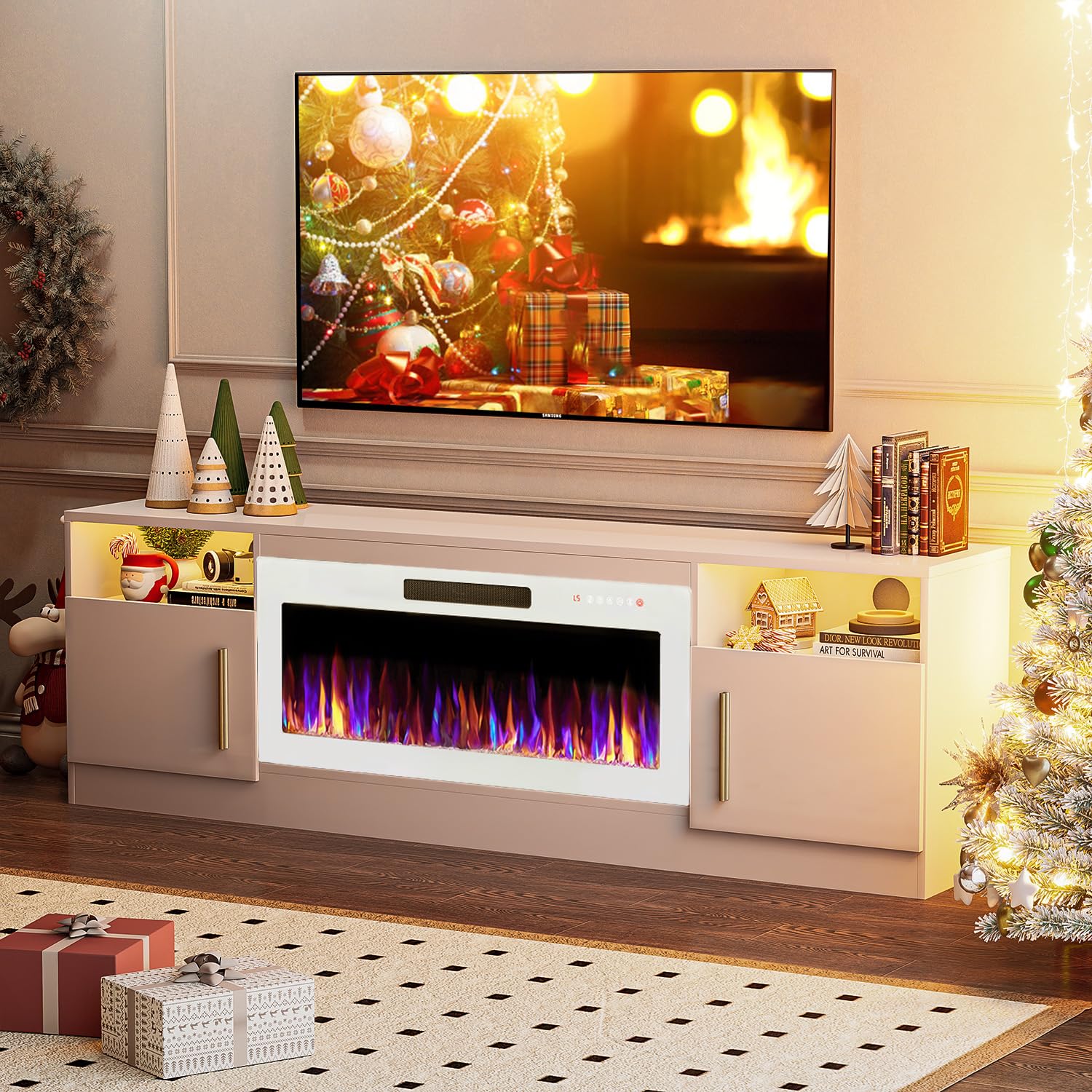 VITESSE 58 Inches Fireplace TV Stand for TVs up to 65 Inches Console with 18'' Electric Fireplace & Remote,Wooden Modern Entertainment Center for Living Room with LED Light Glass Shelves（Bei）