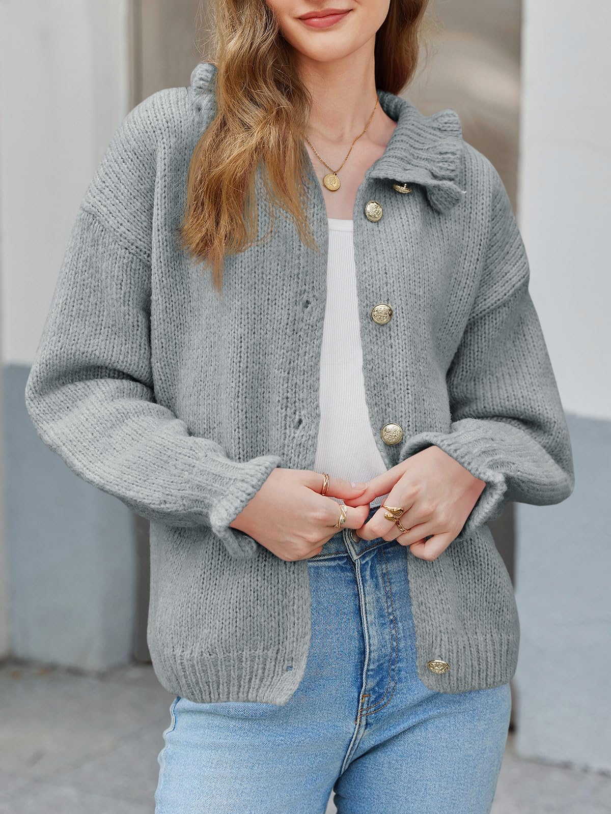 Saodimallsu Womens Ruffle Cardigan Oversized Button Up Fall Trendy Ribbed Knit Open Front Long Sleeve Loose Cute Sweater