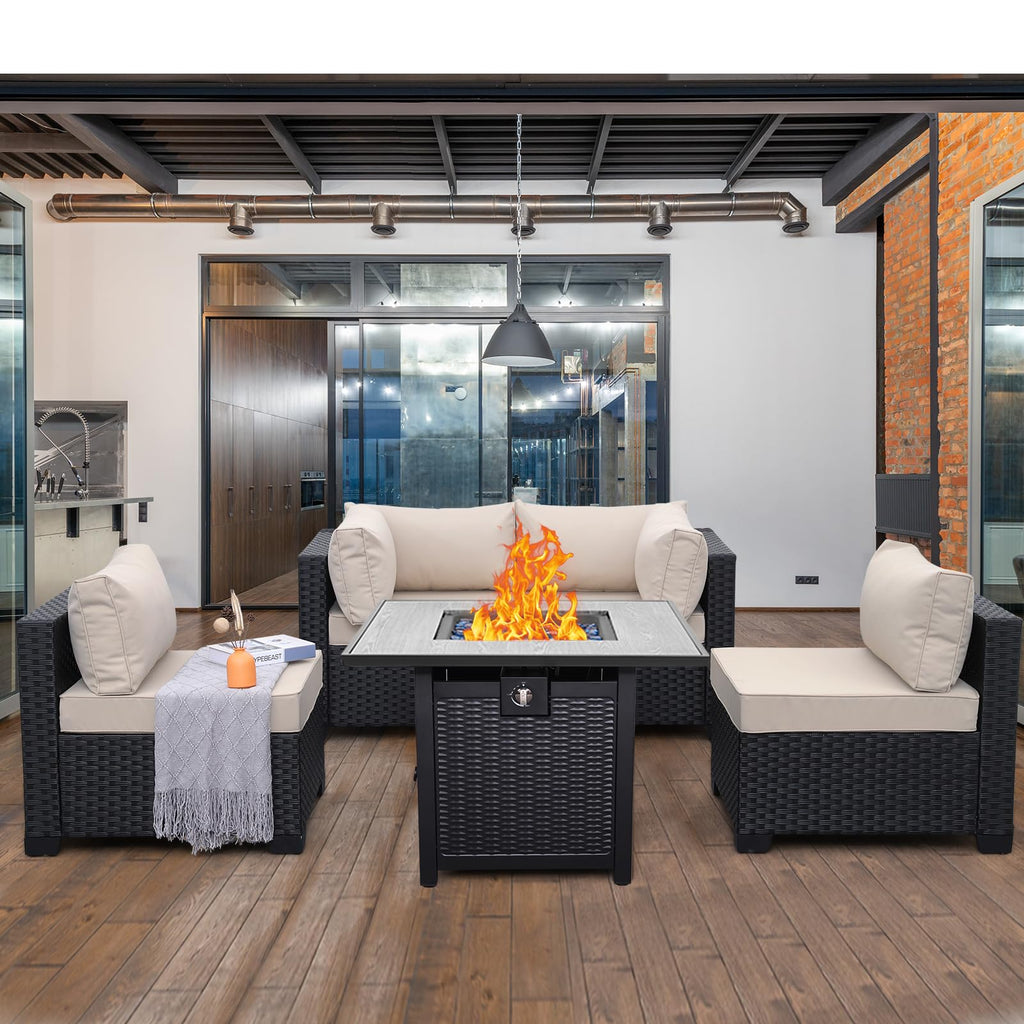 WAROOM Outdoor 5 Piece Patio Furniture Set, Black Rattan Conversation Couch Resin Wicker Sectional Sofa Outside Chair with Coffee Table, Grey Cushion
