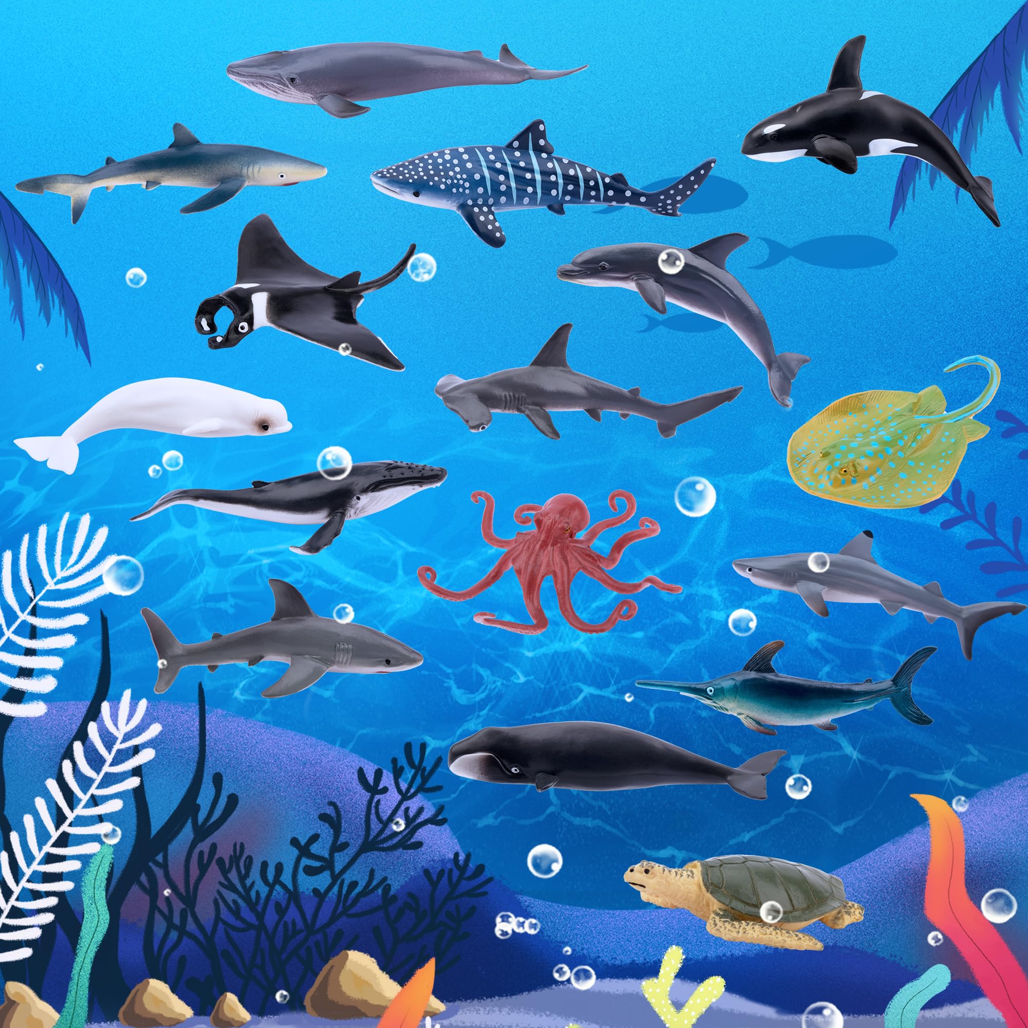 Toymany 10PCS 5-6" L Realistic Shark Bath Toy Figurines, Plastic Ocean Sea Animals Figures Set Includes Great White Shark Cake Toppers Christmas Birthday Gift for Kids Toddlers