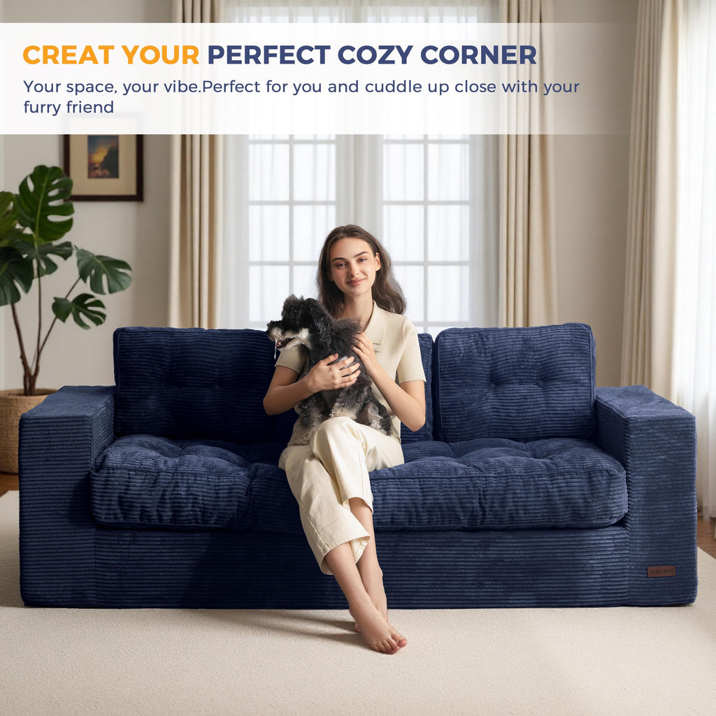 MAXYOYO 3 Seater Sofa Couch for Living Room, Tufted Boneless Couch Sofa Couch, Comfy Bubbled Bean Bag Chair for Apartment, No Assembly Needed, Beige