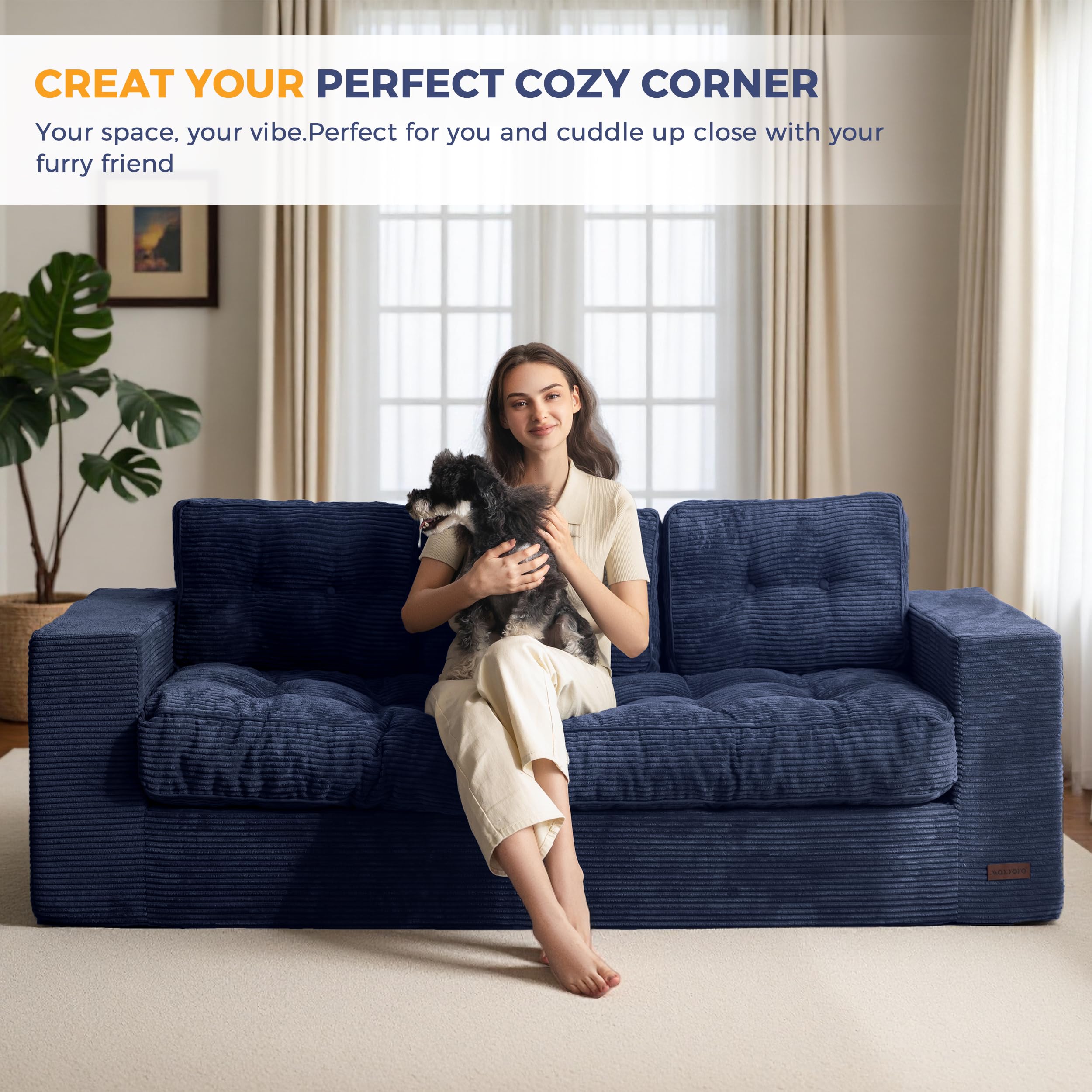 MAXYOYO 3 Seater Sofa Couch for Living Room, Tufted Boneless Couch Sofa Couch, Comfy Bubbled Bean Bag Chair for Apartment, No Assembly Needed, Beige