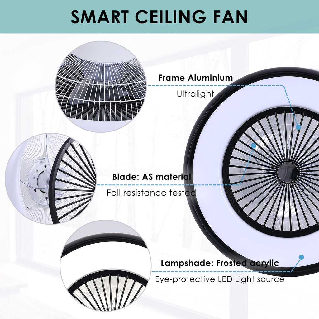24" Bladeless Ceiling Fan with Light Remote, Smart LED Ceiling Fans with App Control, Modern Low Profile Dimmable Light Ceiling Fan for Bedroom Living Room Gold