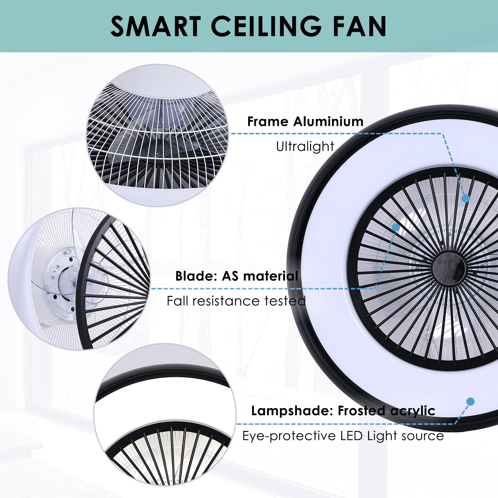 24" Bladeless Ceiling Fan with Light Remote, Smart LED Ceiling Fans with App Control, Modern Low Profile Dimmable Light Ceiling Fan for Bedroom Living Room Gold
