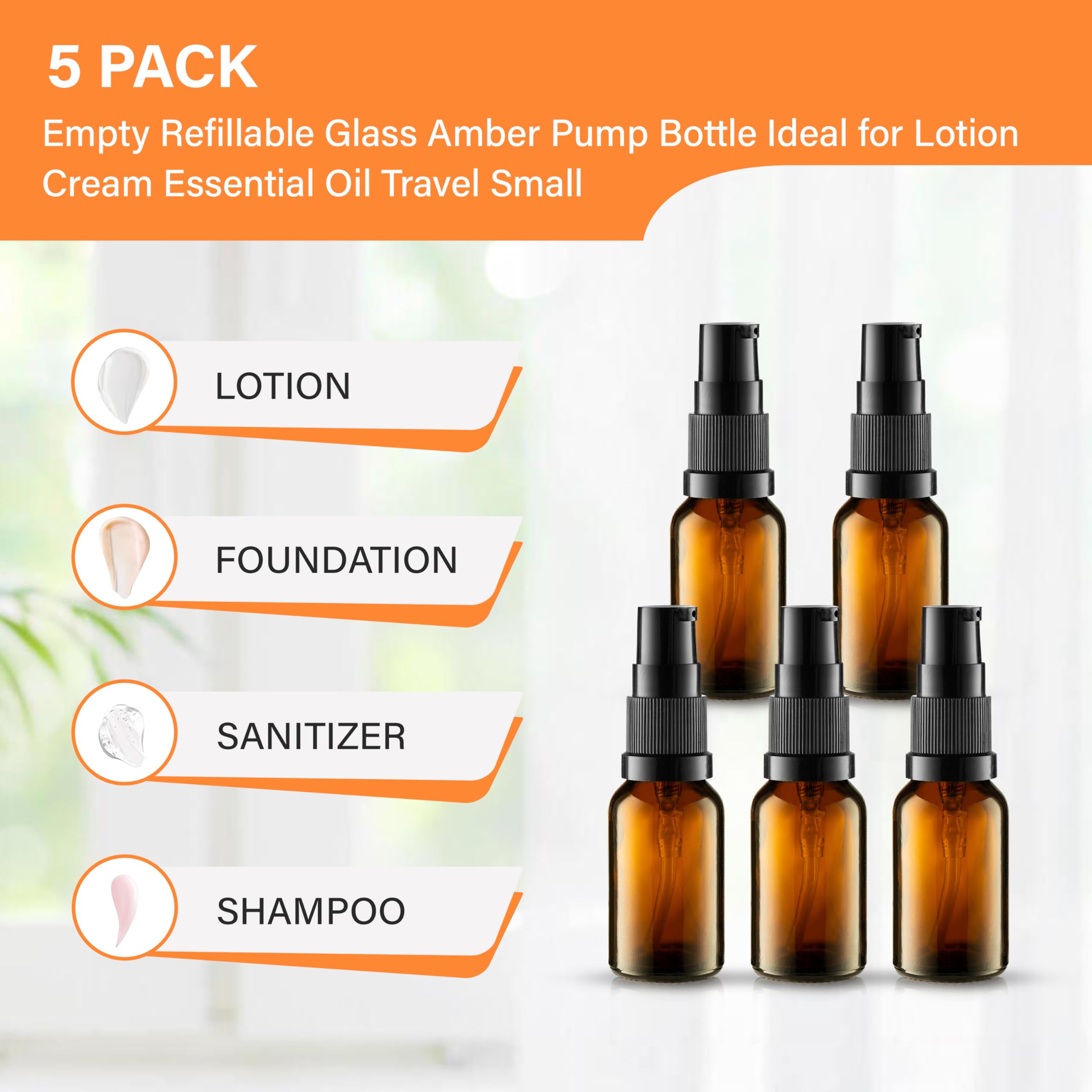 VitalUp Empty Refillable Glass Amber Pump Bottle Ideal for Lotion Cream Essential Oil Travel Small Container - 2 Pack (50ml)