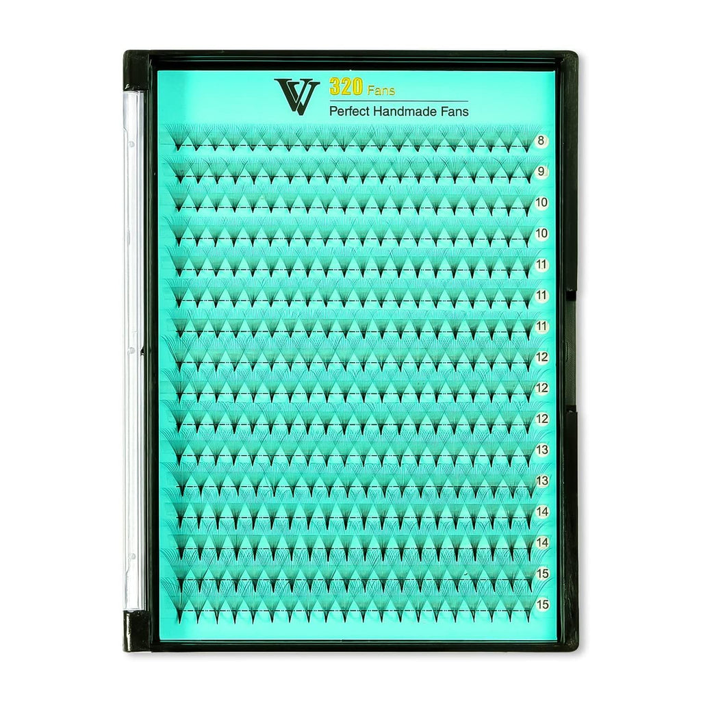 VAVALASH Premade Fans Eyelash Extensions 320 Fans 10D 14D 16D 20D 0.03 0.05 0.07 Thickness C/D Curl Middle Stem Premade Fans Russian Volume Lash Extensions (320 Fans-10D-0.03-D-8-15mm)