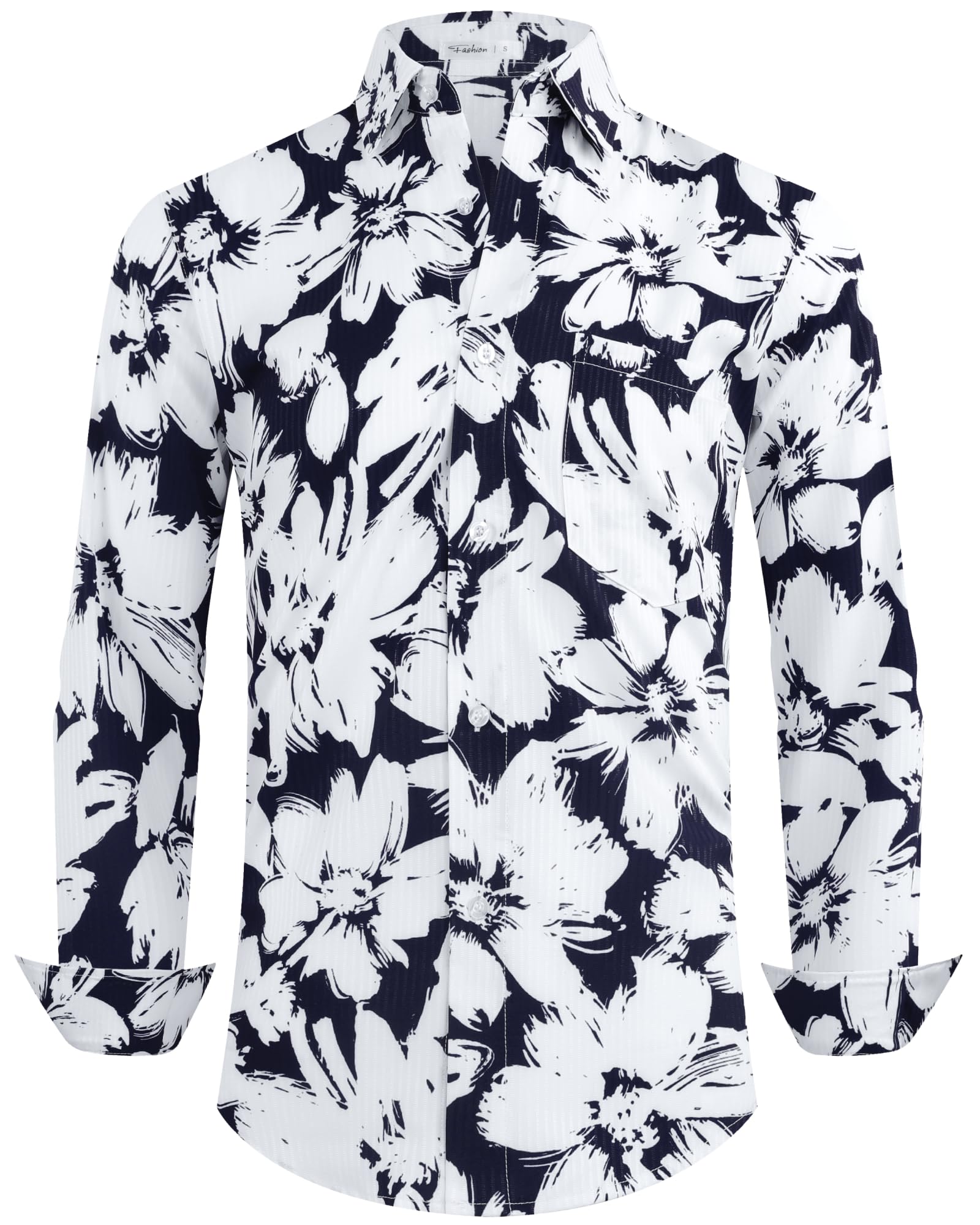 BOJIN Men's Dress Wrinkle-Free Floral Hawaiian Long Sleeve Flower Printed Casual Button Down Shirts with Pocket