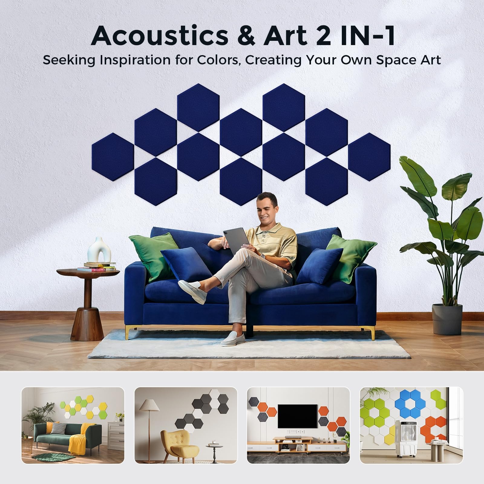 Self-Adhesive Acoustic Panels [390 lbs/yd³ Ultra-High Density], 2nd Generation Sound Absorbing Panel, Professional Level Sound Panel, Polyester Soundproof Foam [Medium Hexagon, Beige]