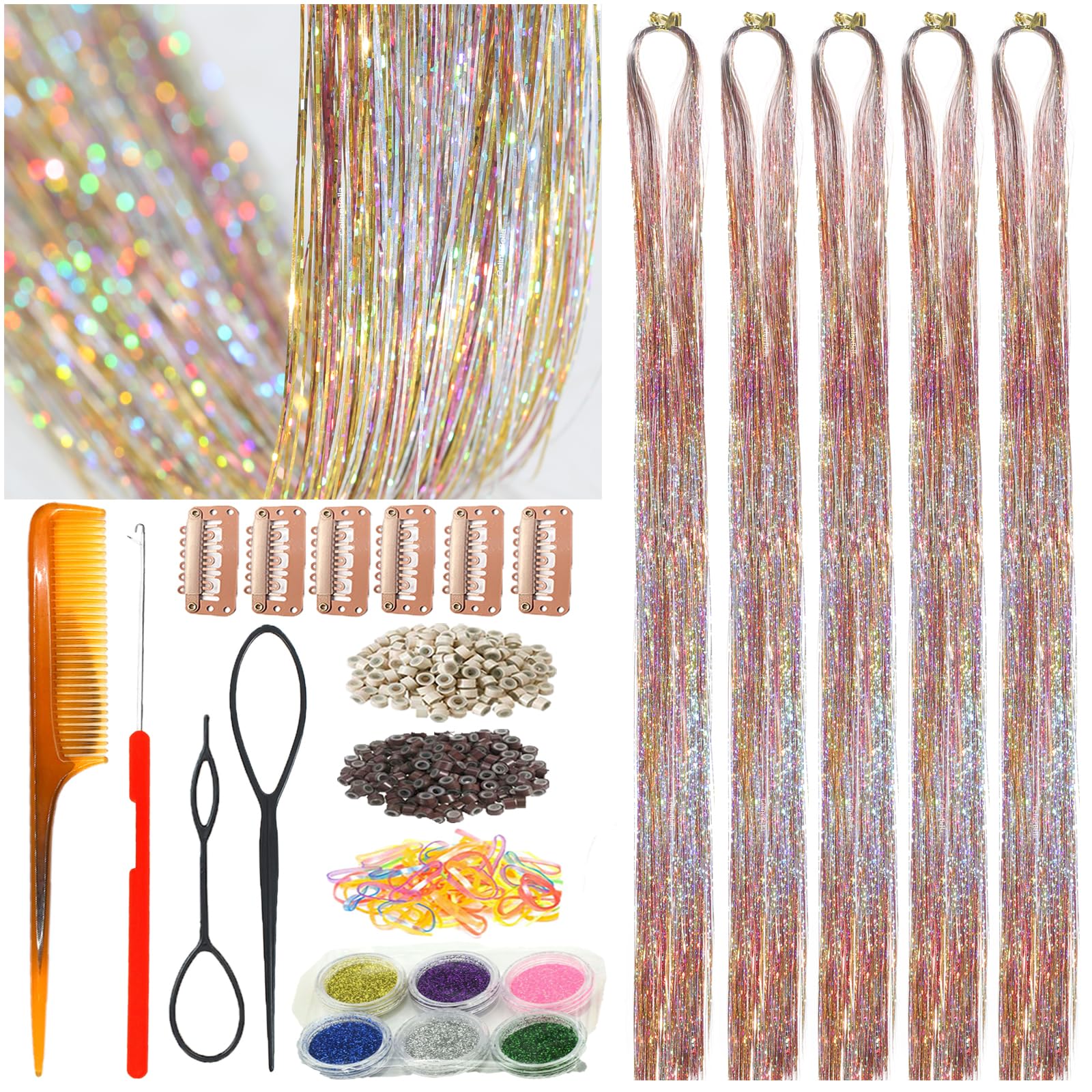 Celinebella Bubblegum Pink Hair Tinsel, 48" 1250 Strands Bright Shimmer | Vibrant hot pink bubblegum tone, youthful energetic, heat resistant, great for prom concerts birthday parties events