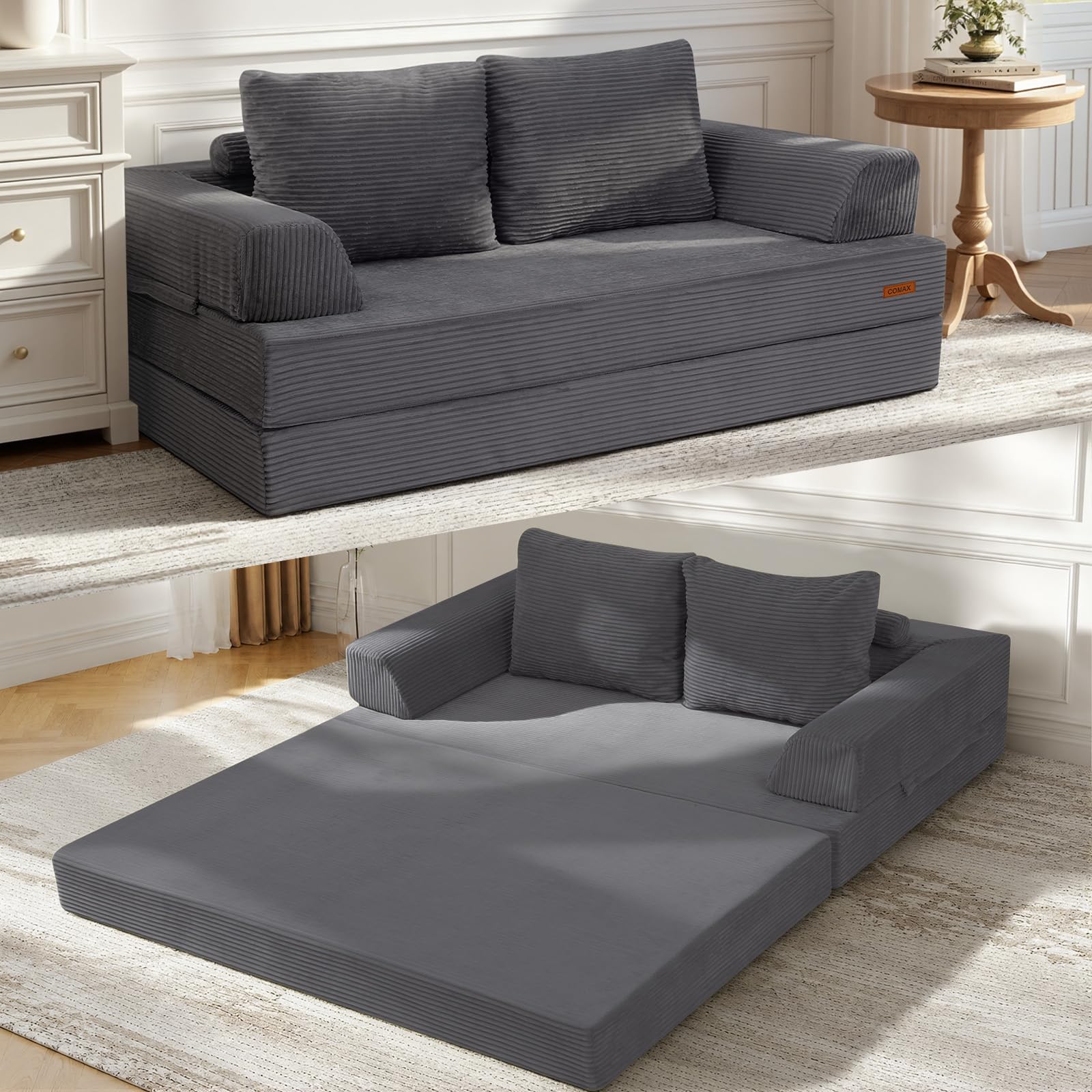 COMAX Futon Sofa Bed, 4‑in‑1 Convertible Sofa Bed, Folding Boneless Couches | Boneless Couch for living room, Fold Out Small Foldable Loveseat Floor Sleeper Mattress Lounge Space‑Saving, Ash Gray