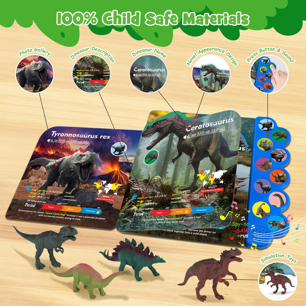 iGRATENS Dinosaur Toys with Sound Books, 10PCS Dino Toy for Toddlers & Animal Sounds Book with 10 Buttons, Realistic Plastic Animal Figures, Dinosaur Toys for Kids 3-5, Dinosaurs Lover Gifts for Kids