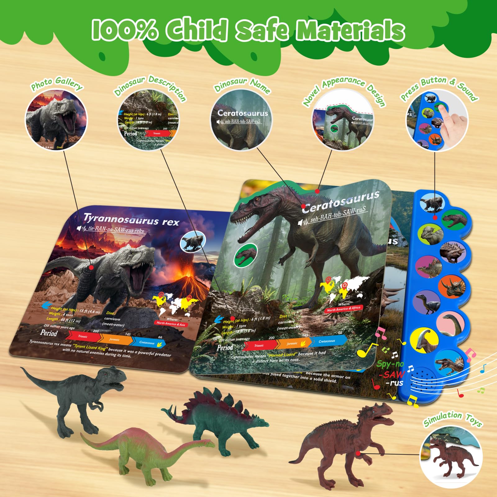 iGRATENS Dinosaur Toys with Sound Books, 10PCS Dino Toy for Toddlers & Animal Sounds Book with 10 Buttons, Realistic Plastic Animal Figures, Dinosaur Toys for Kids 3-5, Dinosaurs Lover Gifts for Kids