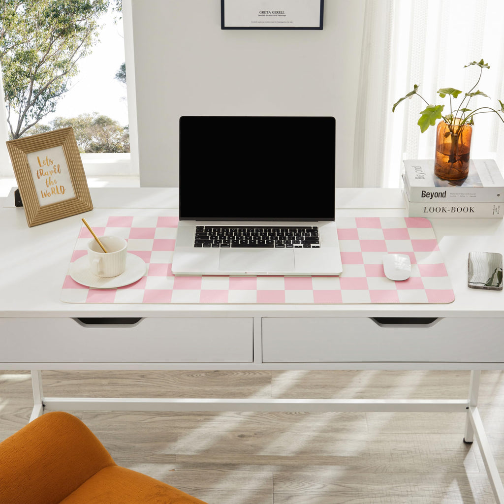 Ohocut Checkered Desk Mat, Large Cute Aesthetic Retro PU Leather Computer Laptop Desk Mat, Non-Slip Waterproof Mouse Keyboard Pad, Desk Writing Mat for Work/Home (Beige, 23.6" x 13.7")