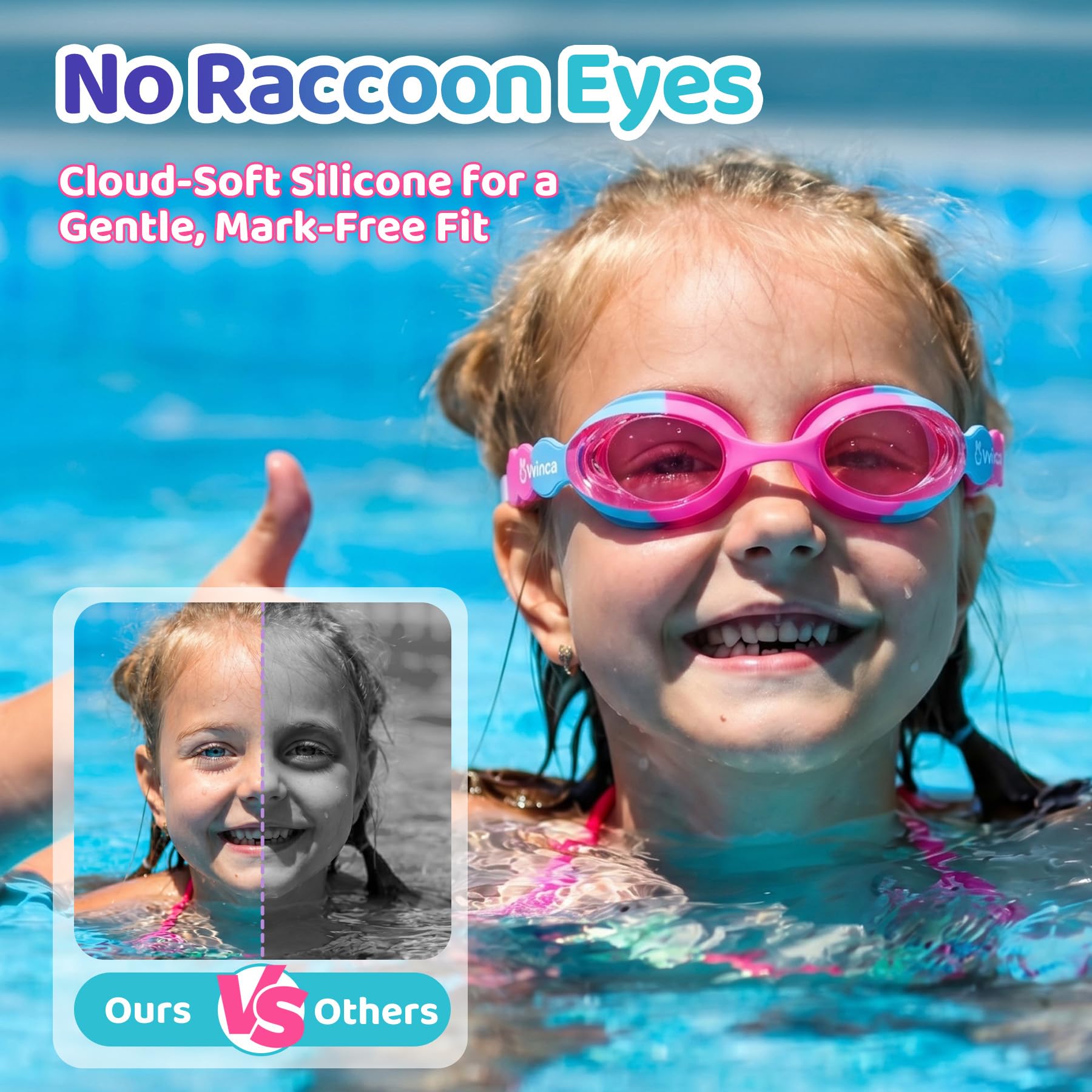 Vvinca Kids Swim Goggles with Fabric Strap No Tangle Pain-Free, Anti-Fog Swimming Pool Goggle No Leak for Toddlers Girls Boys