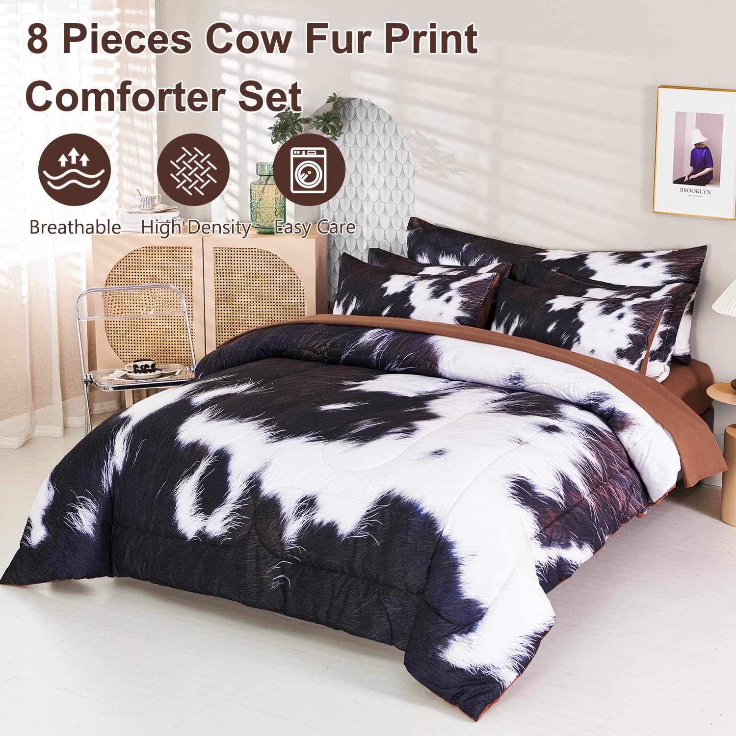 SUCSES Full Size Comforter Set with Sheets 8 Piece Cow Print Bedding Set for Boys Girls Black and White Kids Bed-in-A-Bag Farmhouse Rustic Bed Set for Bedroom (Milk Cow, Full)