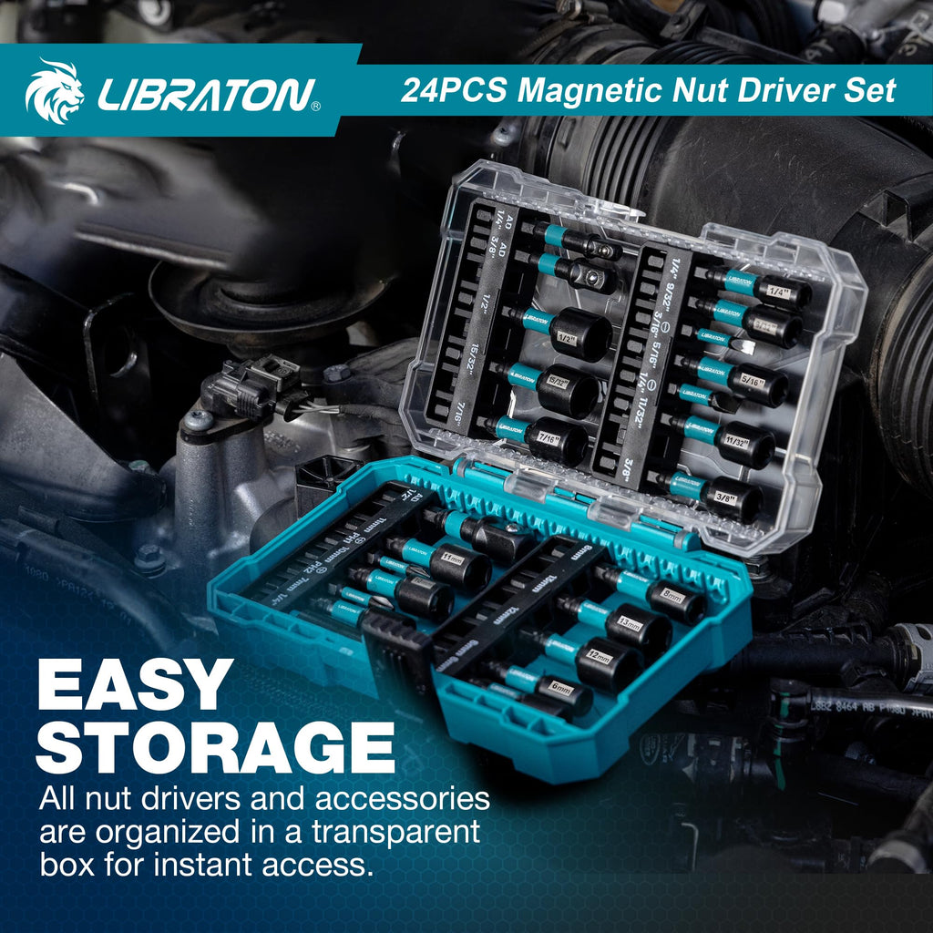 LIBRATON 24PCS Magnetic Nut Driver Set, Impact Drill Driver Bit Set 1/4", Metric and SAE Nut Drivers for Impact Drill, Impact Socket Adapters, Screwdriver Bits, Bit Holder, with Black Phosphating