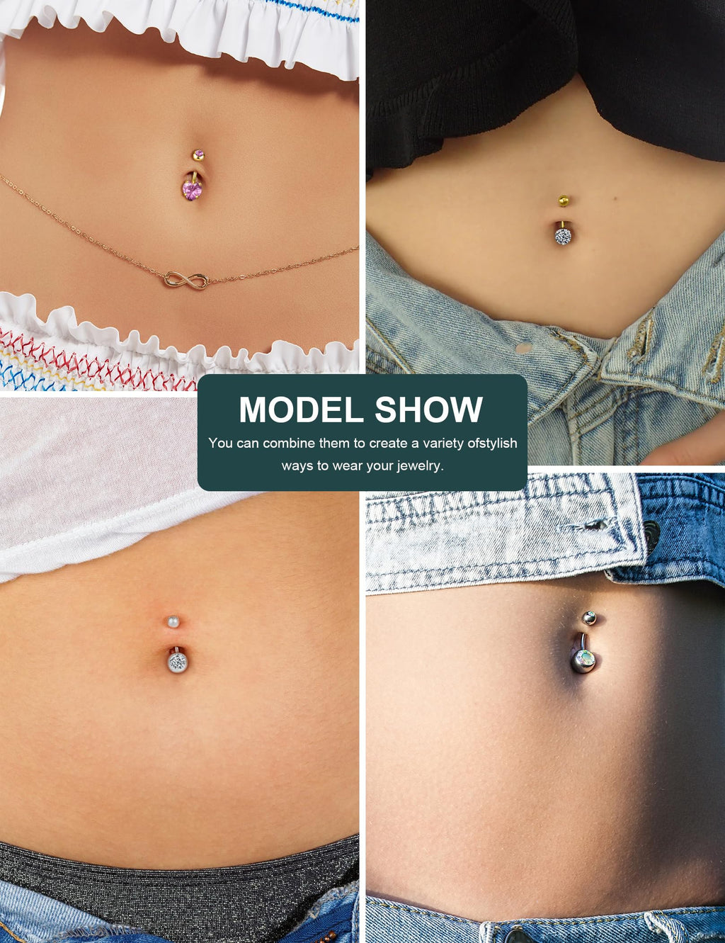 Wssxc 14G Hypoallergenic Surgical Steel Belly Button Ring Cubic Zirconia Belly Button Barbs Body Piercing Set 7Pcs