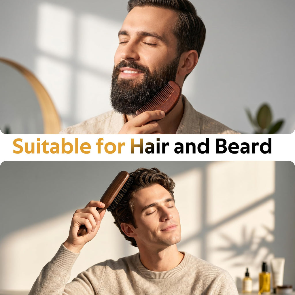STYLEMATE Boar Bristle Hair Brush for Men, Slick Back Mens Hair Brush with Stiff Bristles for Thick & Fine Hair, Beard Brush with Natural Black Walnut Wooden Handle