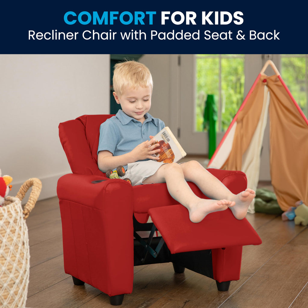 Flash Furniture Vana Vinyl Kids Recliner with Cup Holder, Headrest, and Safety Recline, Contemporary Reclining Chair for Kids, Supports up to 90 lbs., Beige