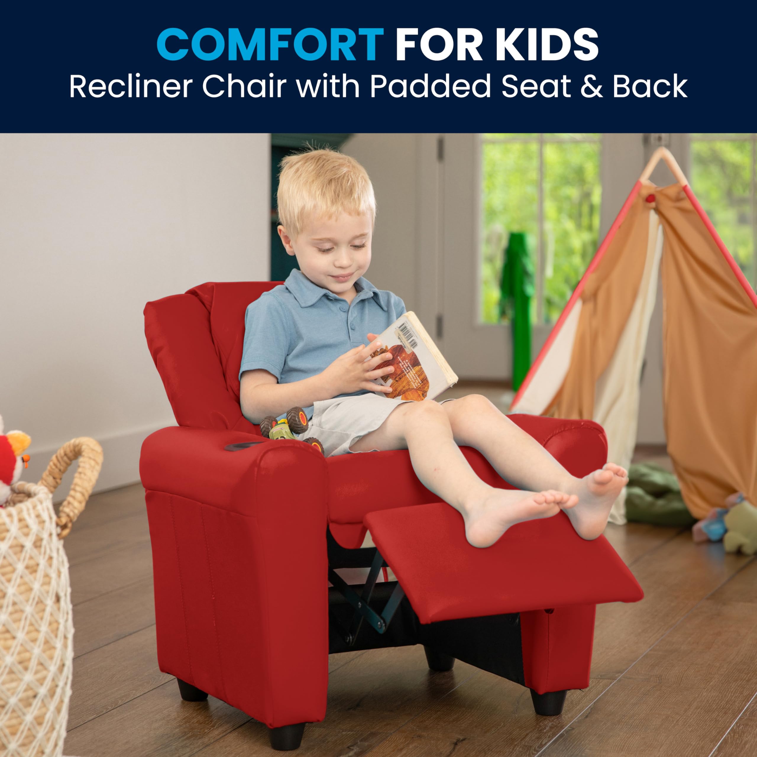 Flash Furniture Vana Vinyl Kids Recliner with Cup Holder, Headrest, and Safety Recline, Contemporary Reclining Chair for Kids, Supports up to 90 lbs., Beige