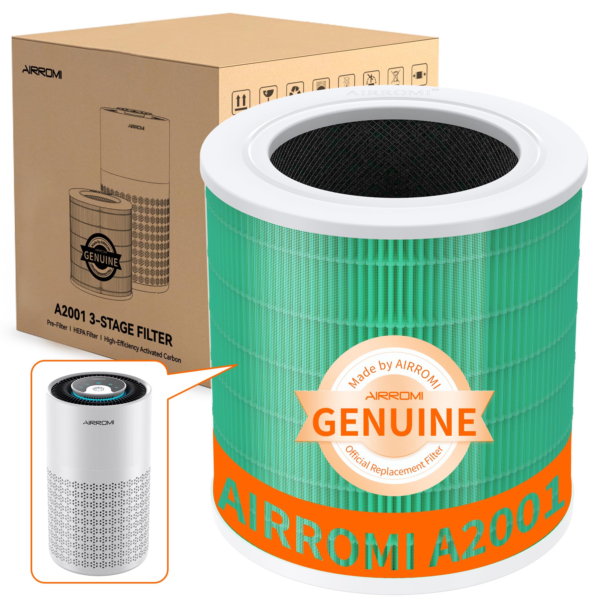 AIRROMI A2001 HEPA Air Purifier Replacement Filter, 3-In-1 Original Filter, Remove 99.97% of 0.3 Micron Particle 2 Pack White Activated Carbon