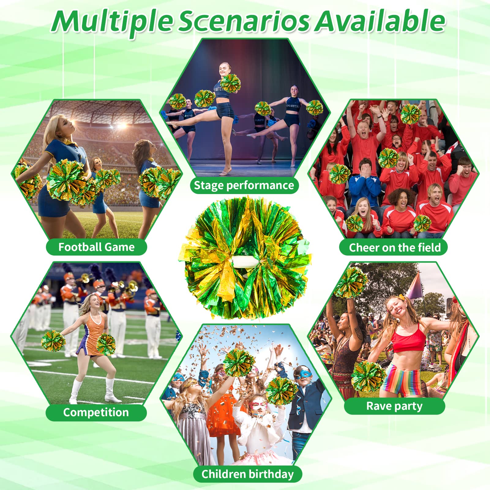 4Pcs Metallic Cheerleading Pom Poms, Creatiee 2 Pair Cheerleader Cheering Squad Pompoms for School Sports Dance Games Team Spirit Cheer