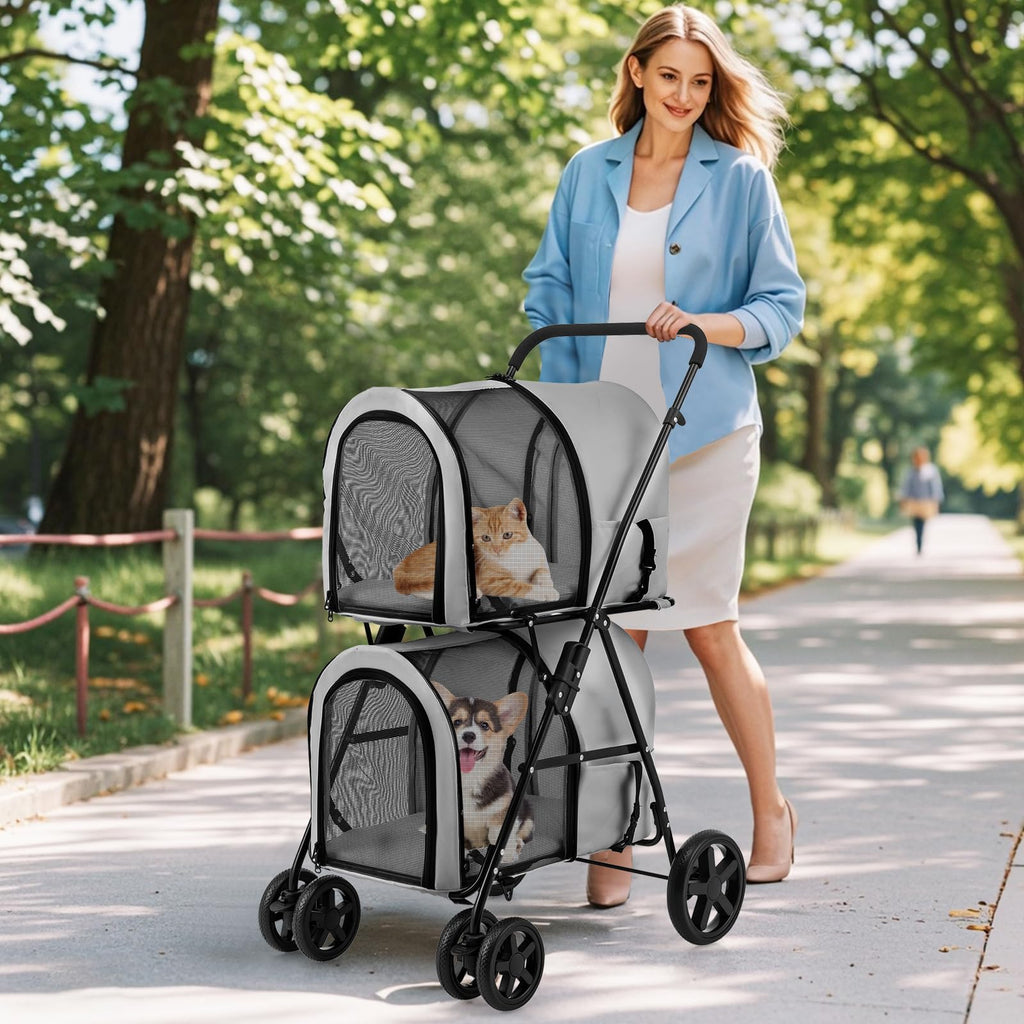 Giantex Double Pet Stroller with 2 Detachable Carrier Bags, Safety Belt, 4 Lockable Wheels, Folding Cat & Dog Stroller for Small Medium Pets, Cats Dogs Puppy Travel Strolling Cart (Beige)
