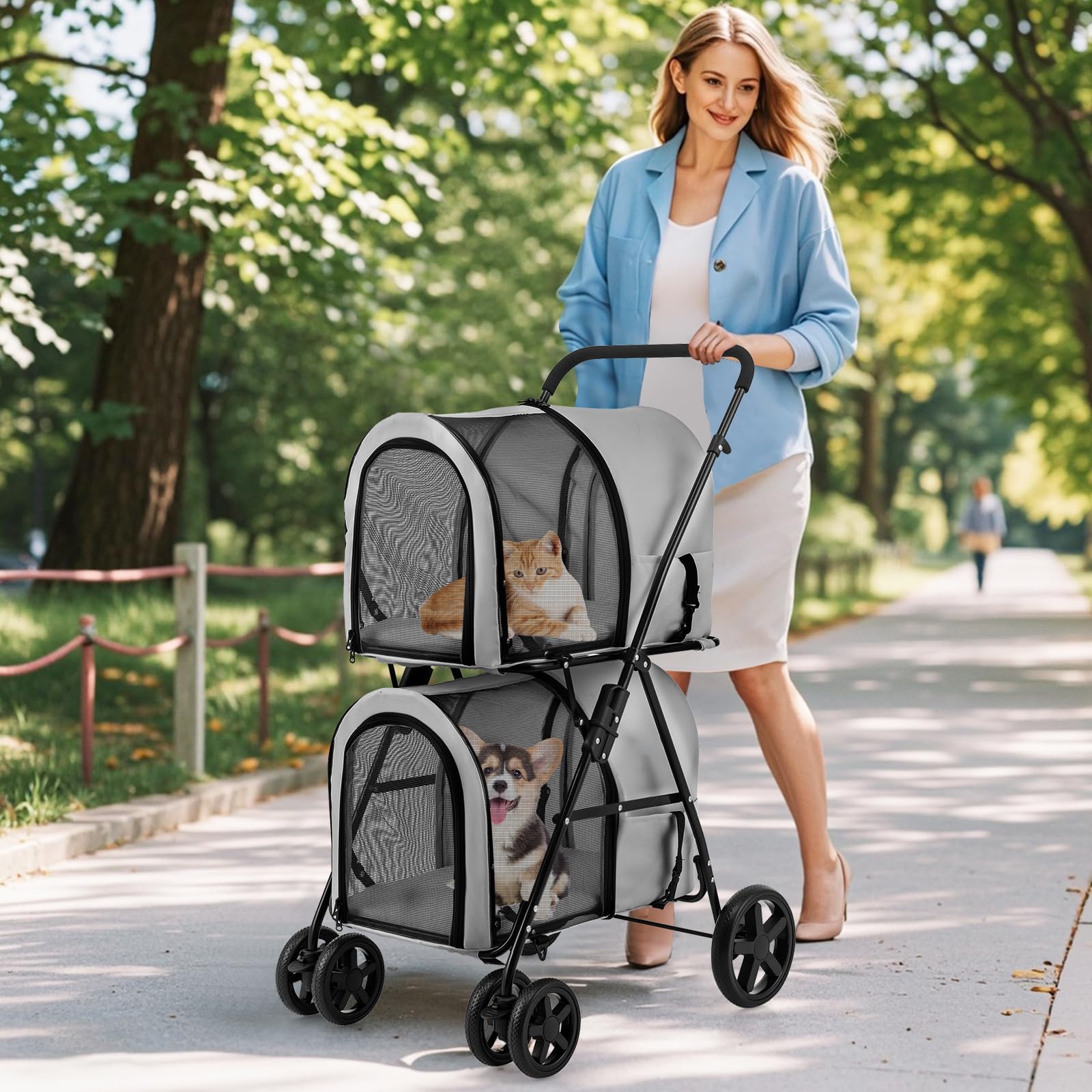 Giantex Double Pet Stroller with 2 Detachable Carrier Bags, Safety Belt, 4 Lockable Wheels, Folding Cat & Dog Stroller for Small Medium Pets, Cats Dogs Puppy Travel Strolling Cart (Beige)