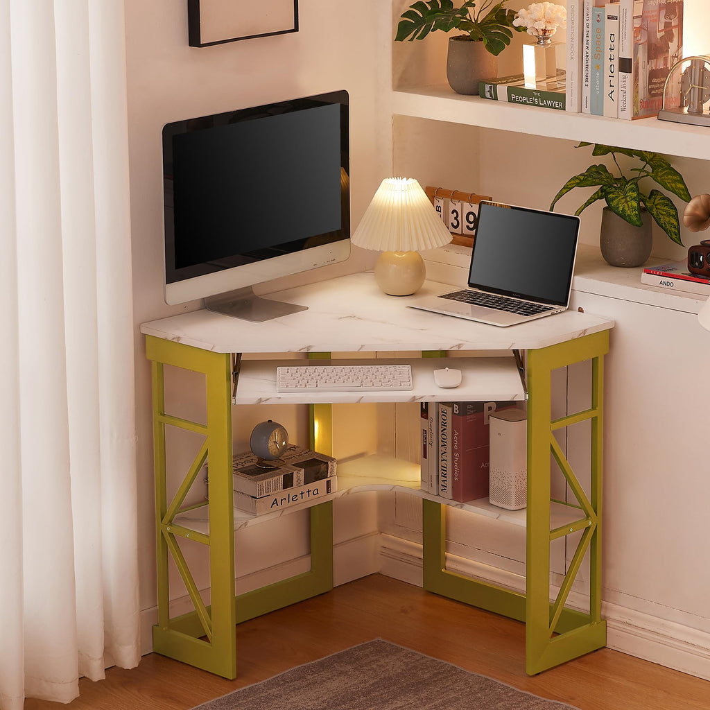 VECELO Corner Desk Computer Desk Writing Table with Smooth Keyboard Tray & Storage Shelves,Compact Home Office Triangle Table,Antique Brown