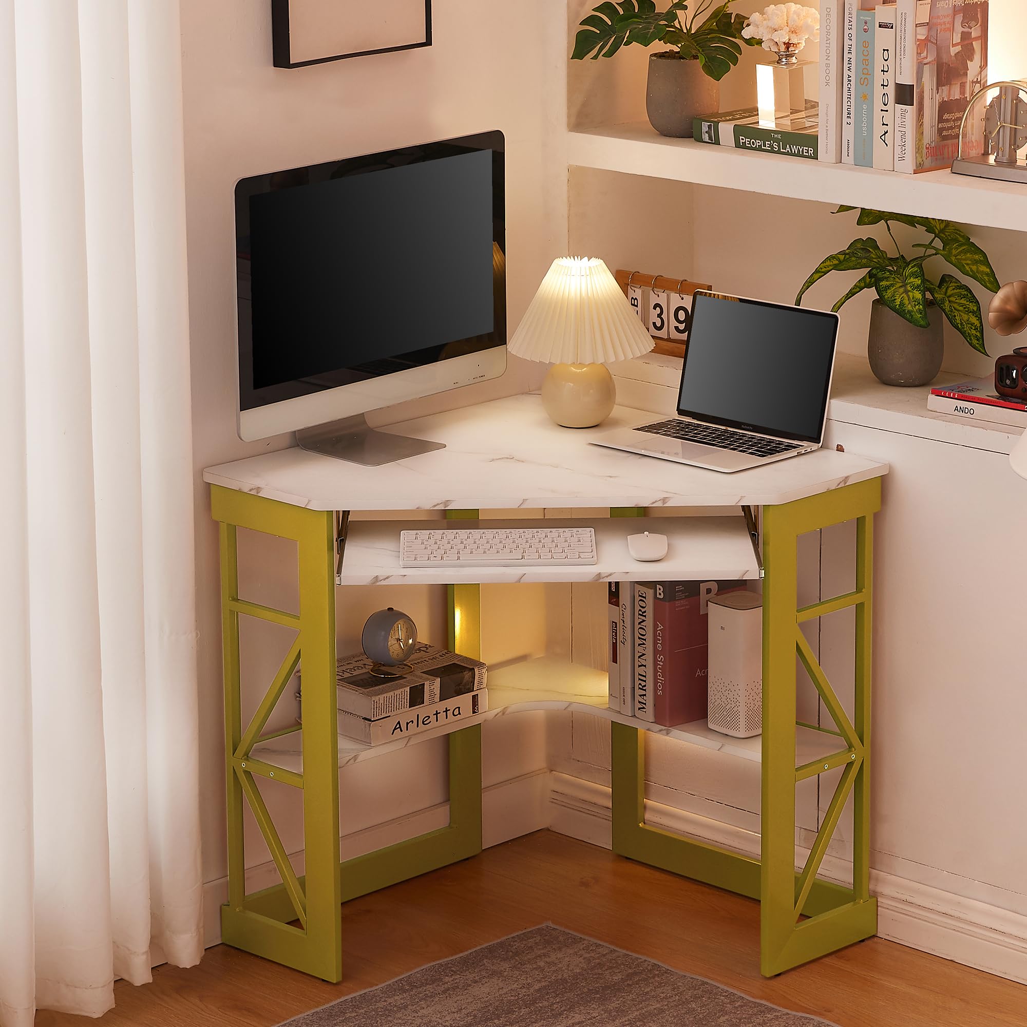 VECELO Corner Desk Computer Desk Writing Table with Smooth Keyboard Tray & Storage Shelves,Compact Home Office Triangle Table,Antique Brown