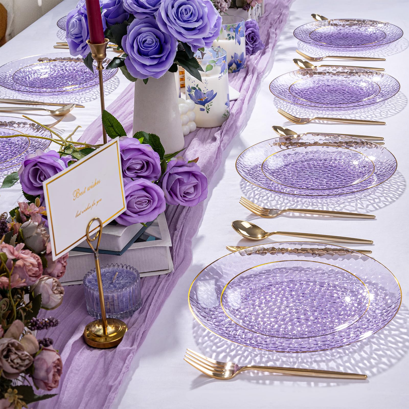 Rubtlamp 100Pcs Amber Gold Plastic Plates, Disposable Plates With Gold Rim, Heavy-duty Party Platos, Hammered Plastic Plates Include 50 Clear Dessert Plates, 50 Dinner Plates for Party