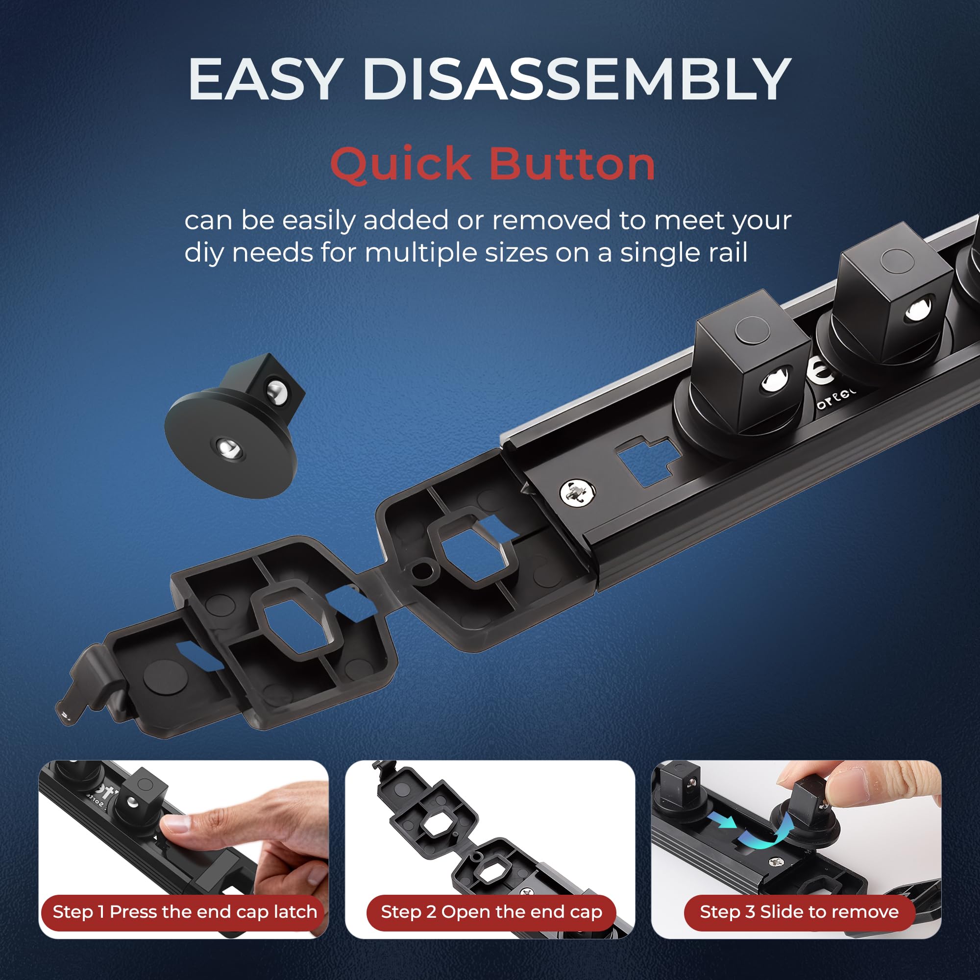 Reniteco Magnetic Socket Organizer Set, 3-Piece 1/2" 3/8" 1/4" Drive Aluminum Alloy Socket Holder with 40PC 360° Swivel Removable Clips, Magnetic Socket Rail for Tool Box Drawer, Black