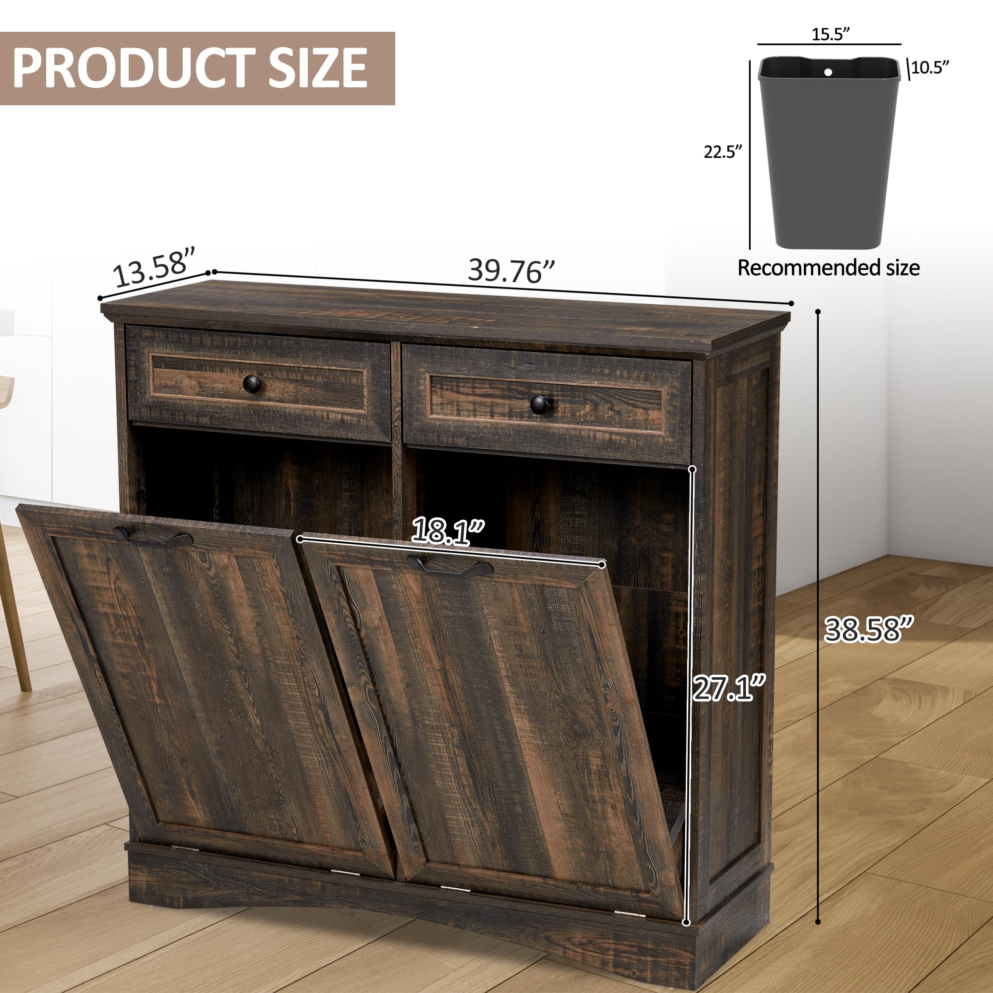 AHB Double Tilt Out Trash Can Cabinet Freestanding Kitchen Trash Can, 2x13 Gallons Hidden Garbage Recycling Cabinet with Hideaway Drawers Pet Proof Trash Can Holder for Kitchen, Antique White
