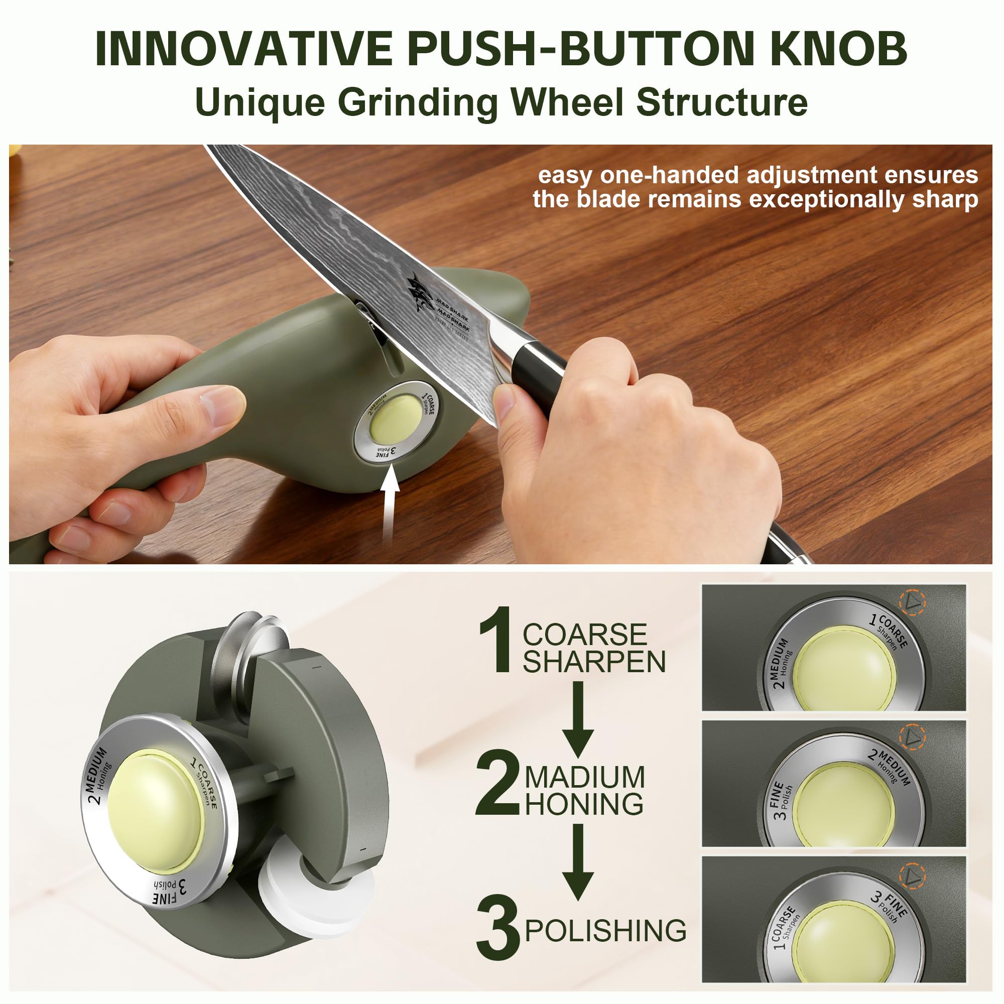 MAD SHARK 1-Button 3-Stage Knife Sharpener - Adjustable Diamond & Ceramic, No-Scratch ABS Body for All Kitchen/Pocket Knives,Repairs, Sharpens & Polishes,One-Handed Operation with Non-Slip Base