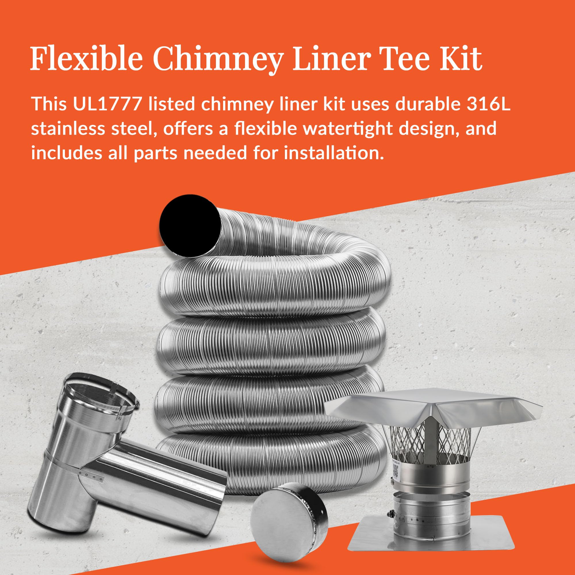 Fireside Chimney Supply Stainless Steel Chimney Liner Kit | FireSafe Flexible Chimney Liner with Tee Connector for Wood Stoves & Venting | Made in The USA | Heavy-Duty 3 Inch x 20 Feet