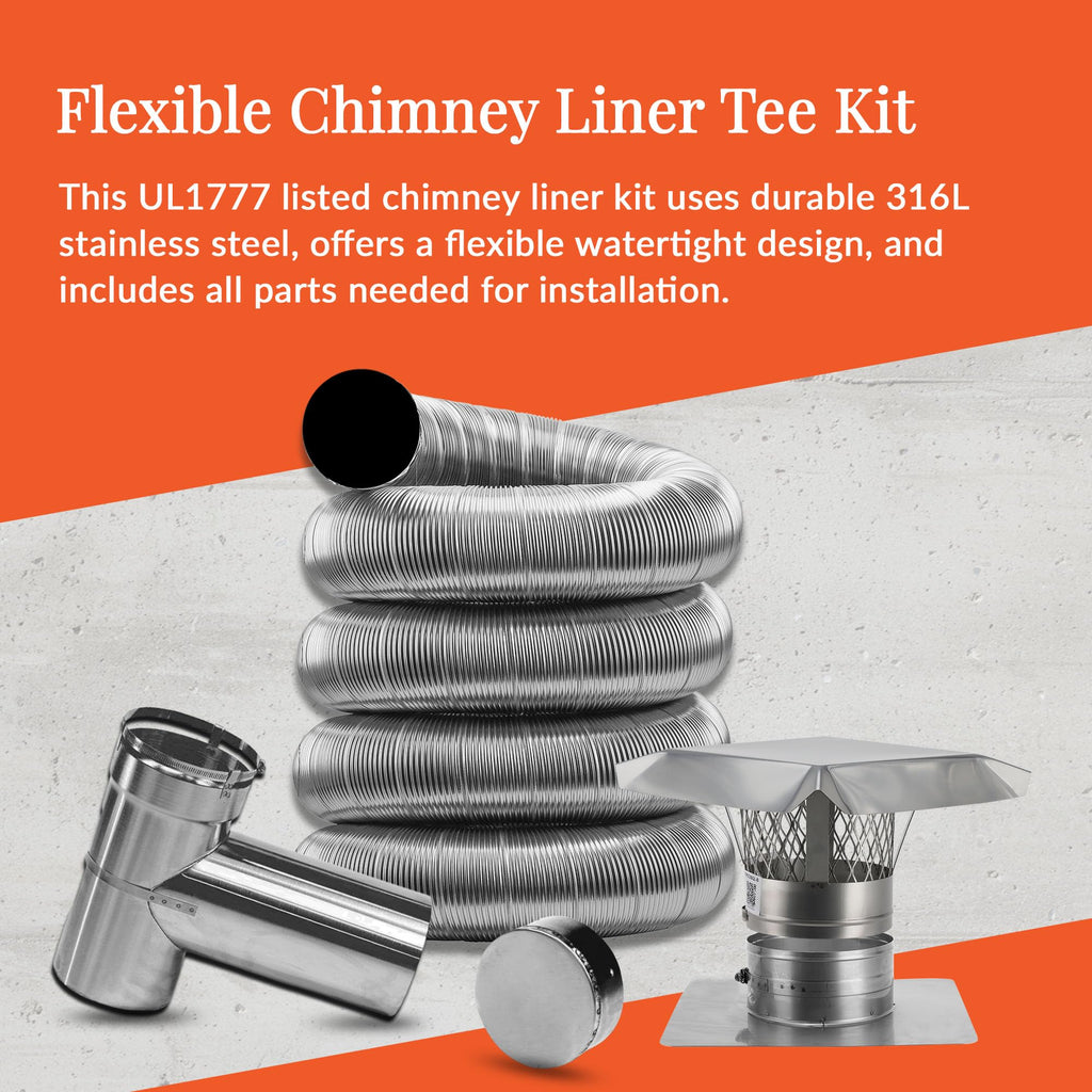 Fireside Chimney Supply Stainless Steel Chimney Liner Kit | FireSafe Flexible Chimney Liner with Tee Connector for Wood Stoves & Venting | Made in The USA | Heavy-Duty 3 Inch x 20 Feet