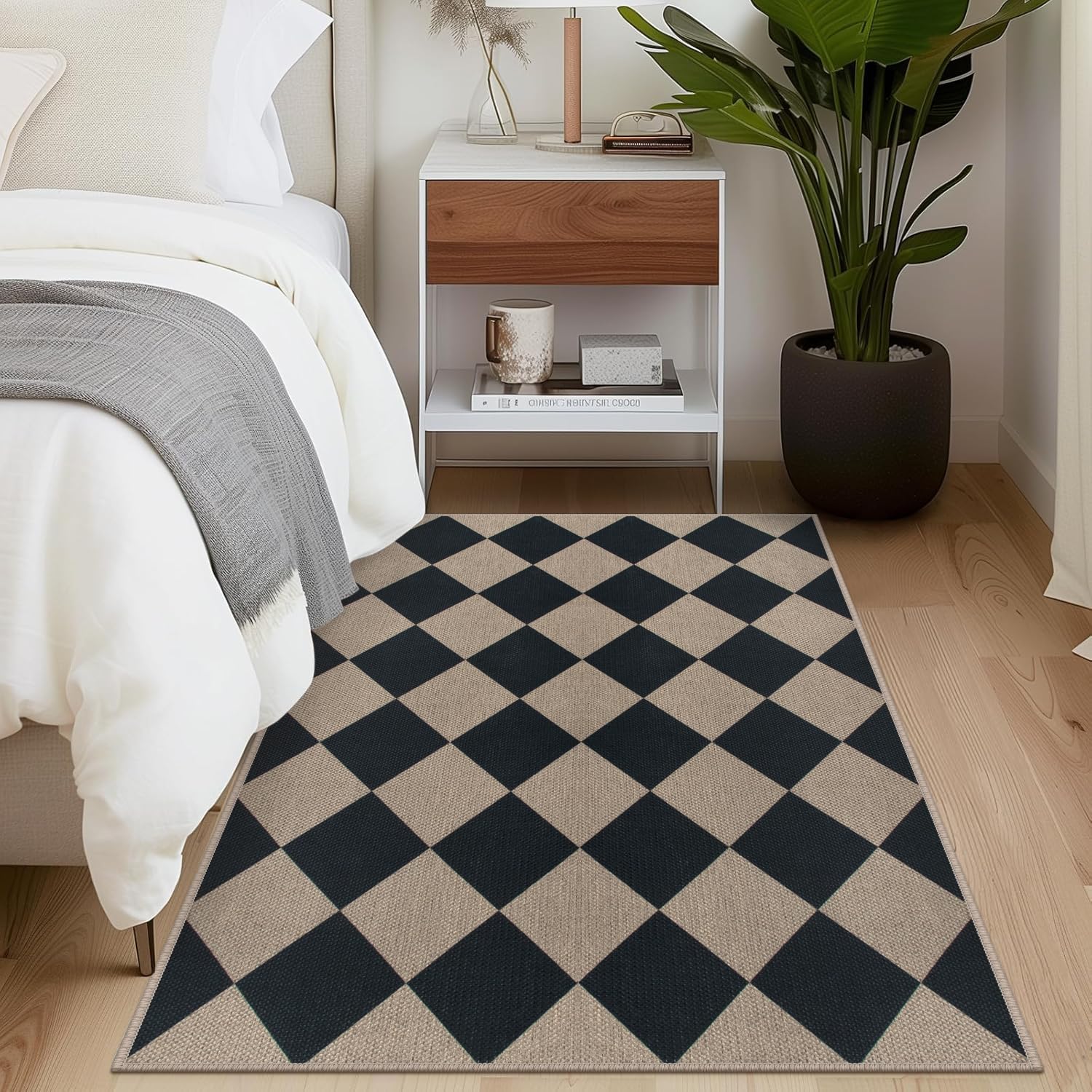 Rugalia Easy Jute Checkered Entryway Rug, 2x3 Black Modern Indoor Outdoor Doormat, Washable Non-Slip Neutral Small Kitchen Rug Farmhouse Diamond Throw Rugs for Entrance Bedroom Bathroom