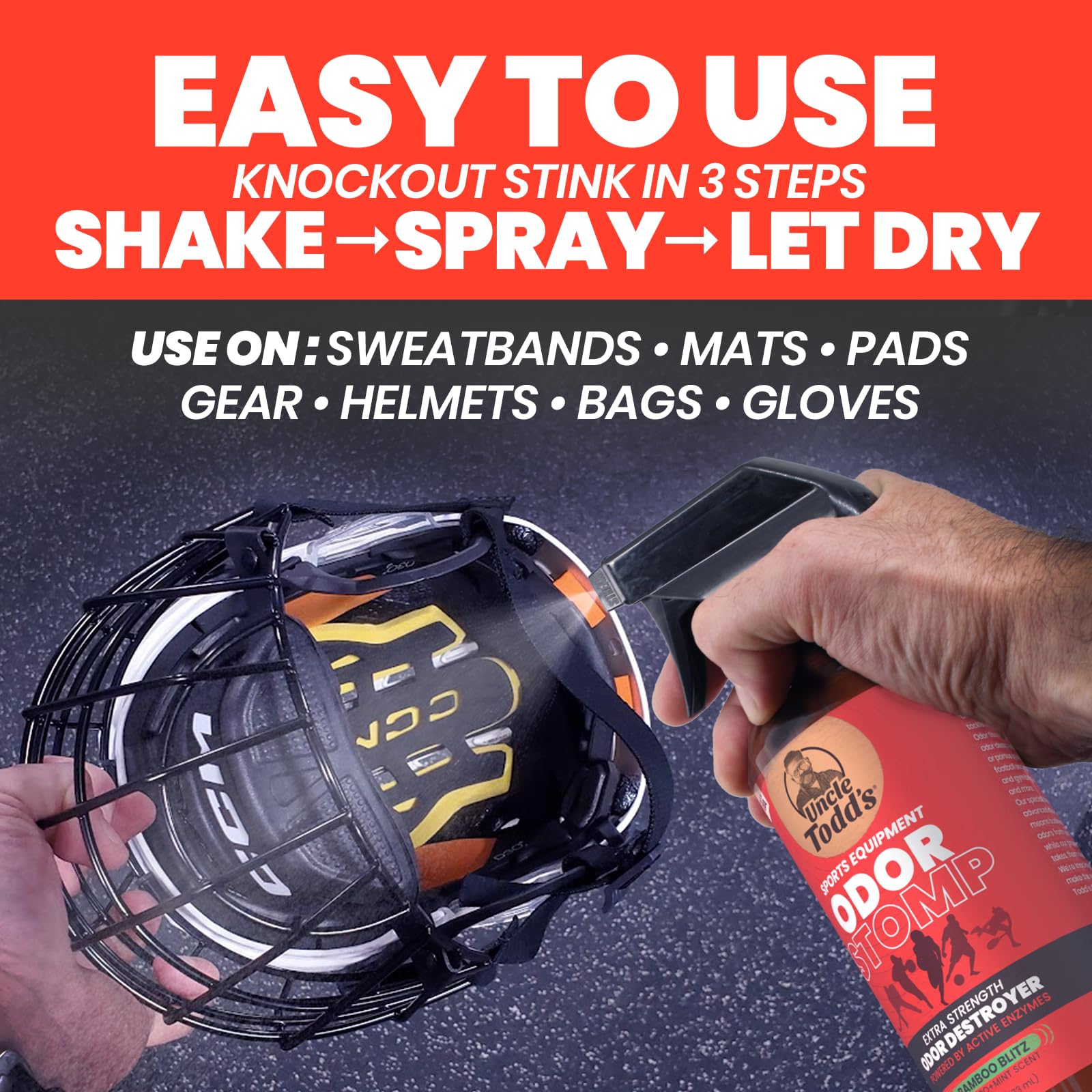 Uncle Todd’s Odor Stomp Sports Equipment Odor Eliminator Spray - Extra Strength Enzyme-Powered Deodorizer for Football, Hockey, Gym Bags, and Athletic Gear - Bamboo Blitz Scent - 16 oz