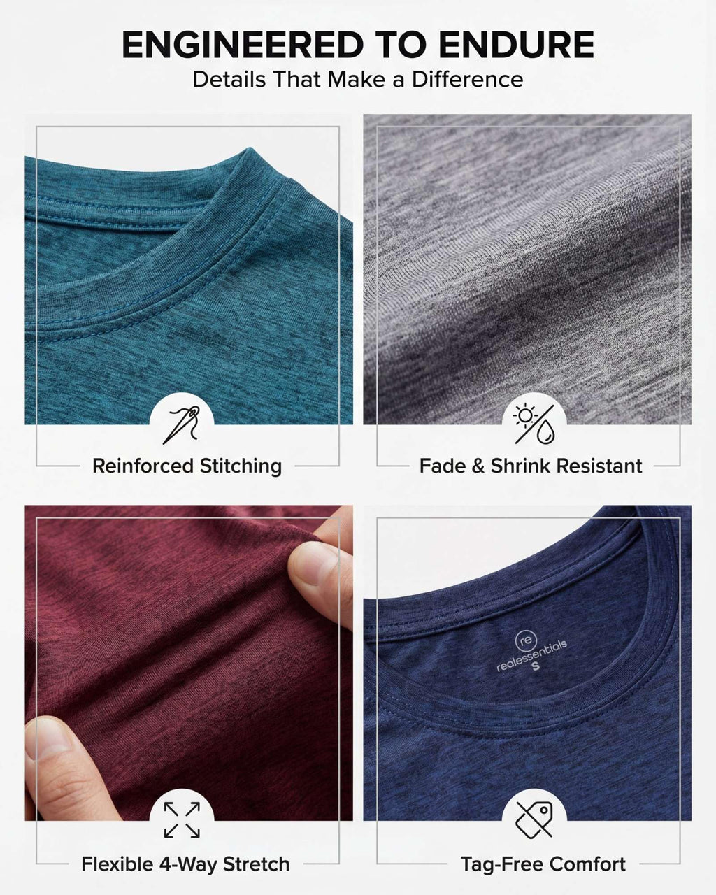 Real Essentials 5 Pack: Men's Dry-Fit Short Sleeve Crew Neck T Shirts Fitness Running Gym Workout Cool Exercise Athletic Tee