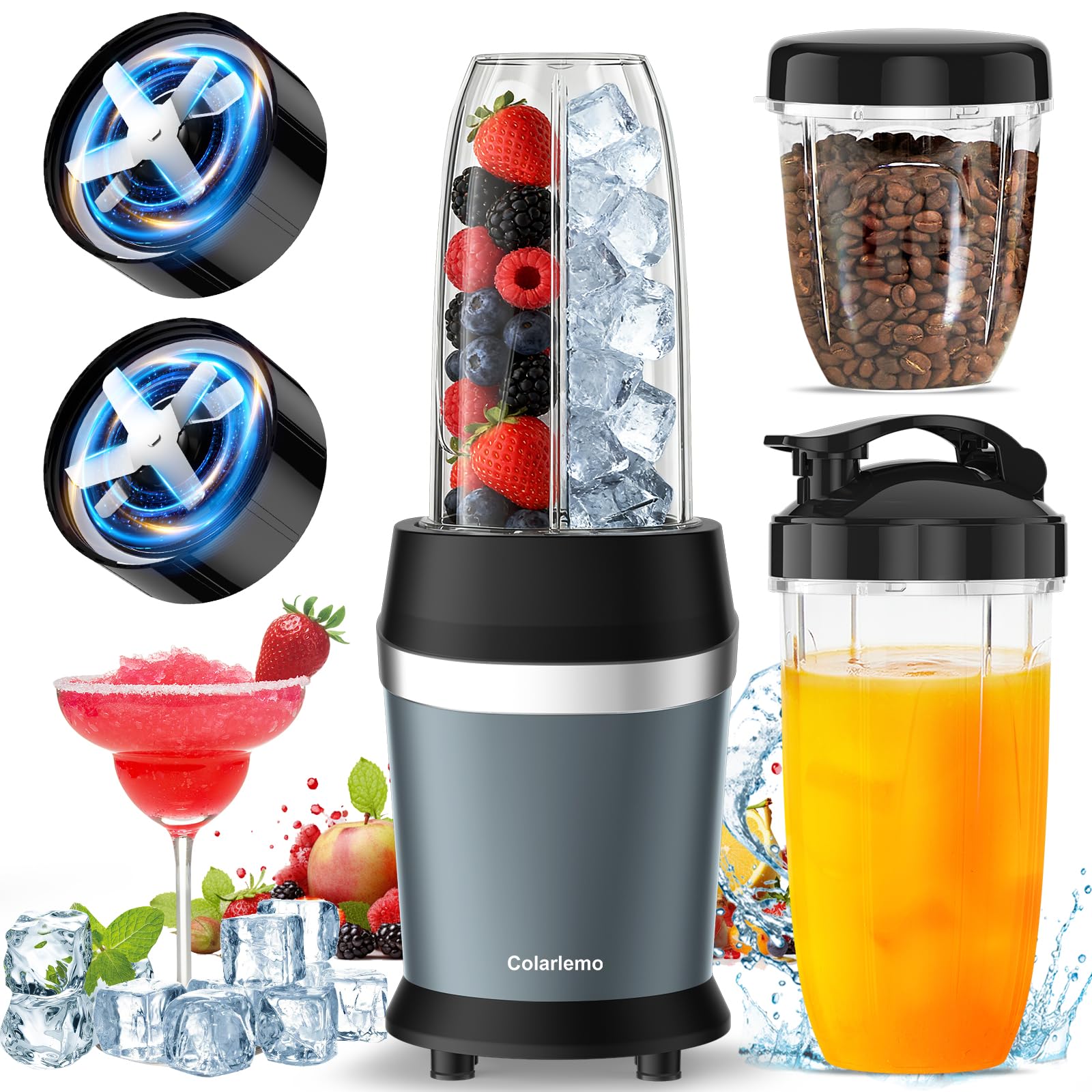 Colarlemo 12-Piece Smoothie Blender Maker 25,000 RPM Personal Blender for Ice Crushing Smoothies & Frozen Drinks Nuts with 23oz, 32oz, 37oz Portable Cups Two 6-Leaf Stainless Steel Blades, Silver