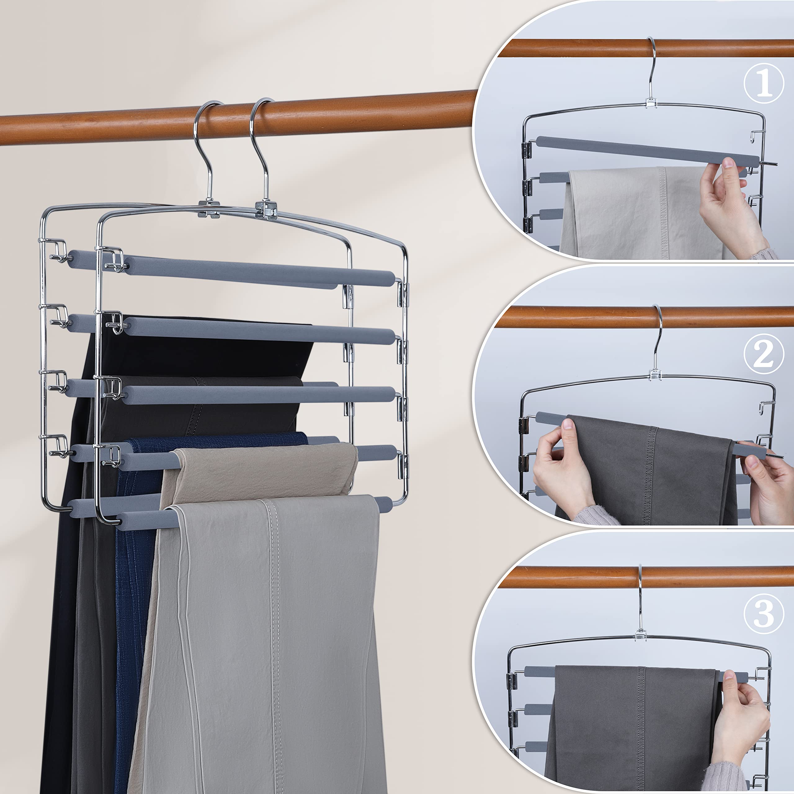 TOPIA HANGER Pants Hangers Space Saving, 2-Pack Swing Arm Pants Organizer for Closet, Non-Slip Foam Padded Organizer Hanger for Multi Slacks, Jeans, Trousers, Skirts, Scarfs, Black-CT08B