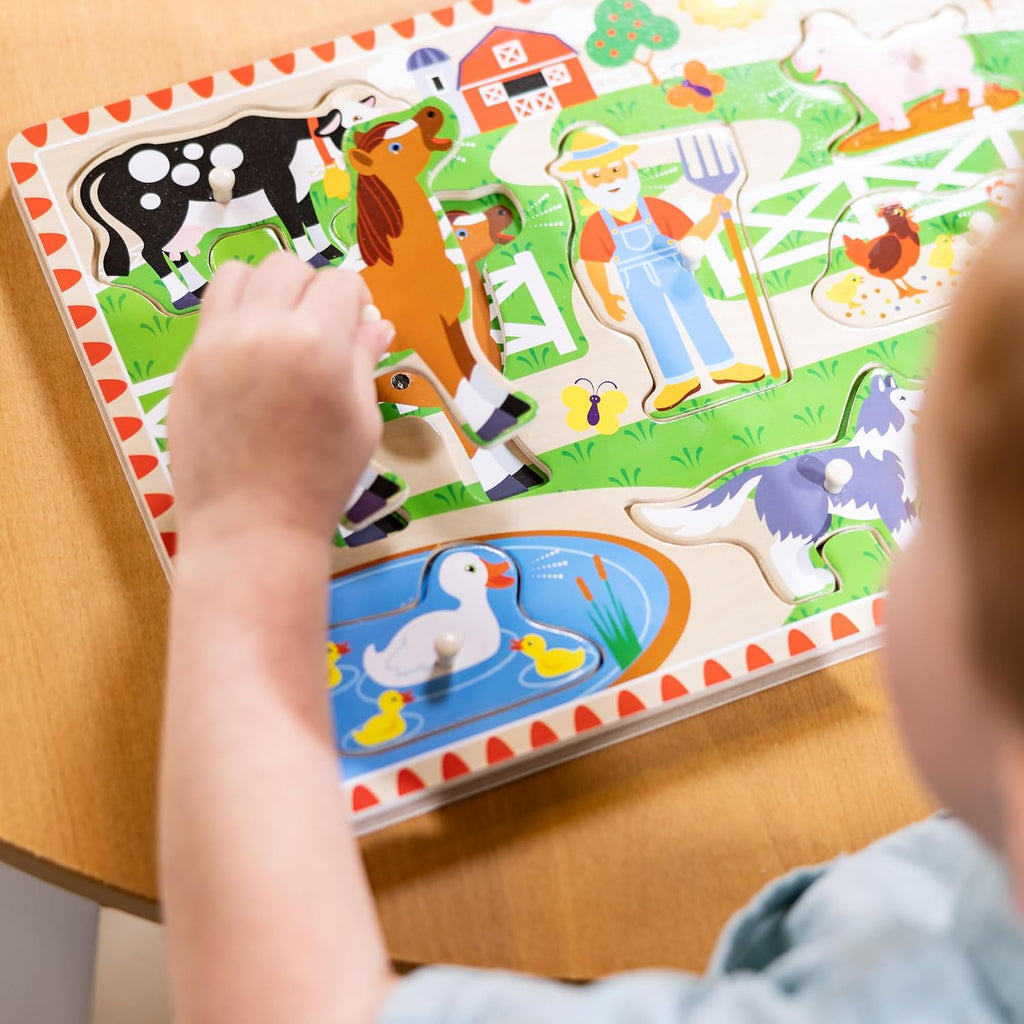 Melissa & Doug Old MacDonald's Farm Song Puzzle – 8-Piece Wooden Peg Puzzle with Light-Activated Sounds, Music Learning Toy for Toddlers and Preschoolers Ages 2+